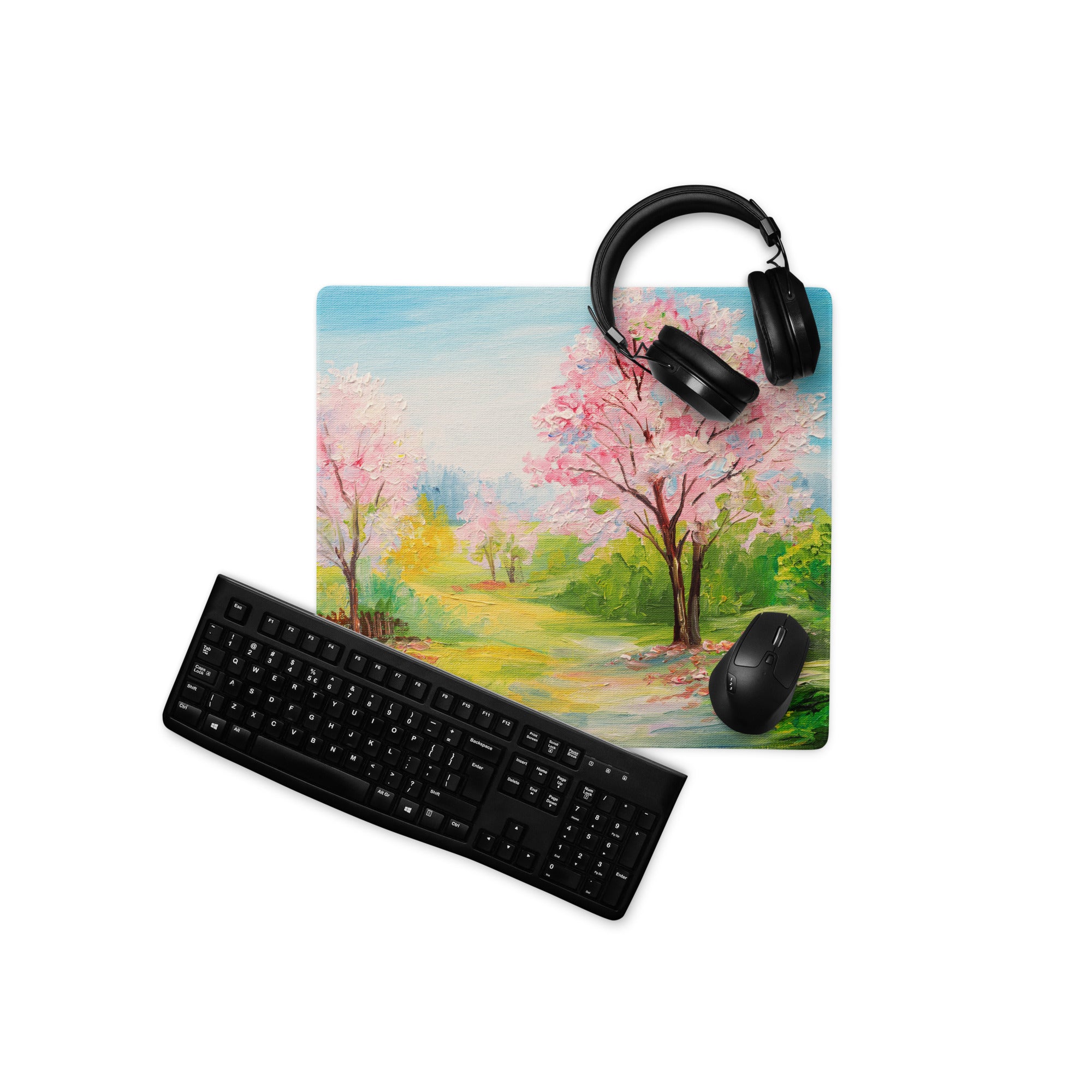 Cherry Blossom Landscape Mouse Pad - Mouse Pad Pink Blue Green Desk Impressionist Calm Mood Pastel Decor Soft Oil