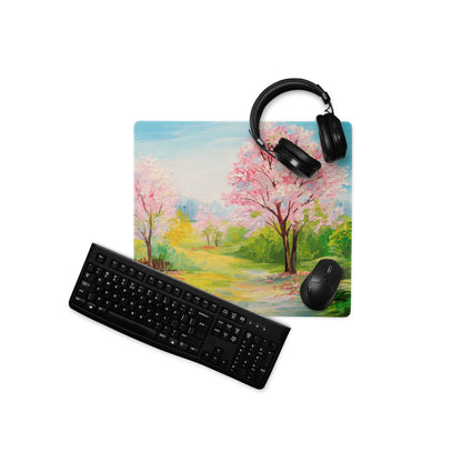 Cherry Blossom Landscape Mouse Pad - Mouse Pad Pink Blue Green Desk Impressionist Calm Mood Pastel Decor Soft Oil