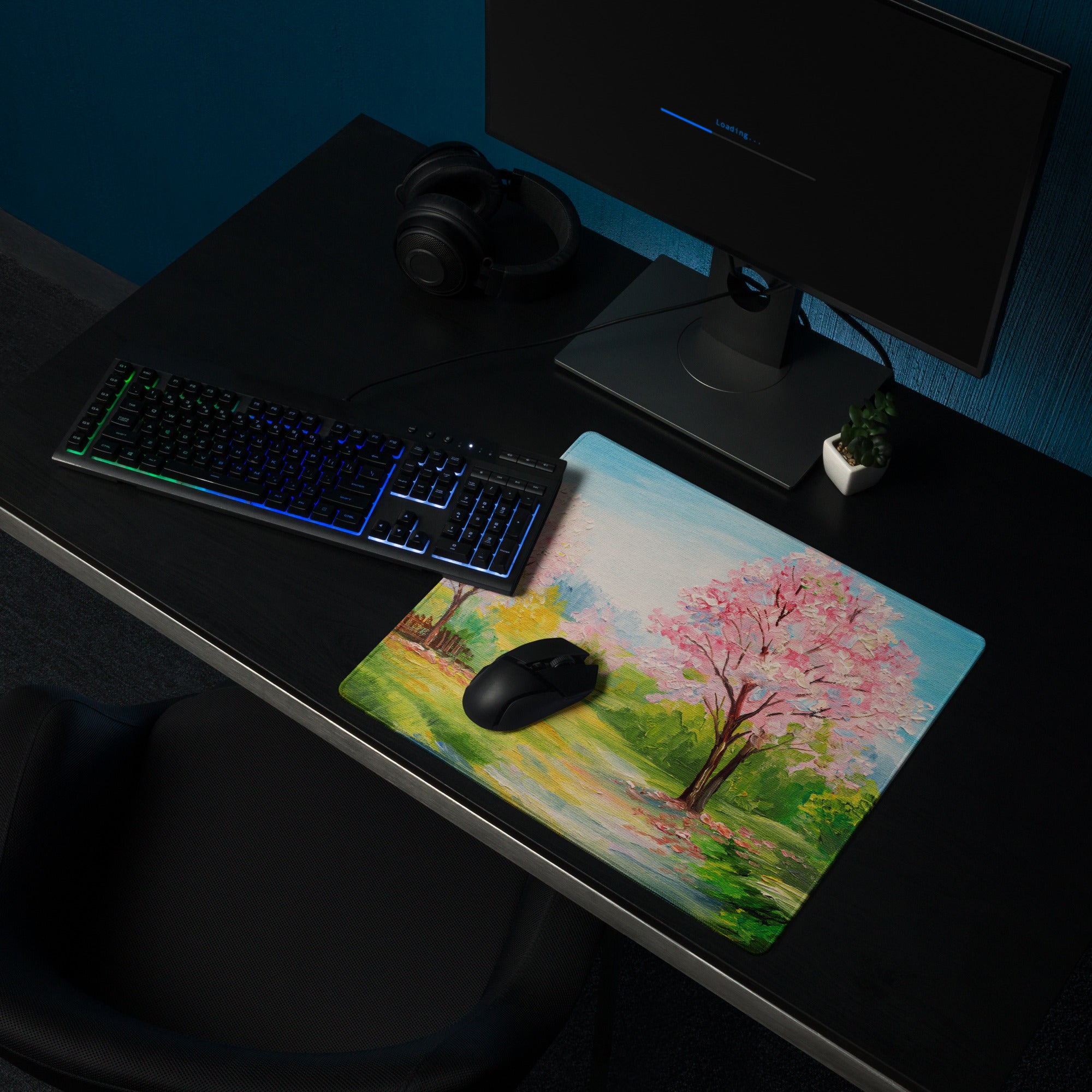 Cherry Blossom Landscape Mouse Pad - Mouse Pad Pink Blue Green Desk Impressionist Calm Mood Pastel Decor Soft Oil