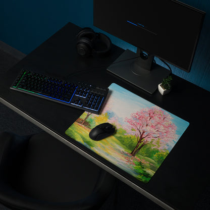 Cherry Blossom Landscape Mouse Pad - Mouse Pad Pink Blue Green Desk Impressionist Calm Mood Pastel Decor Soft Oil