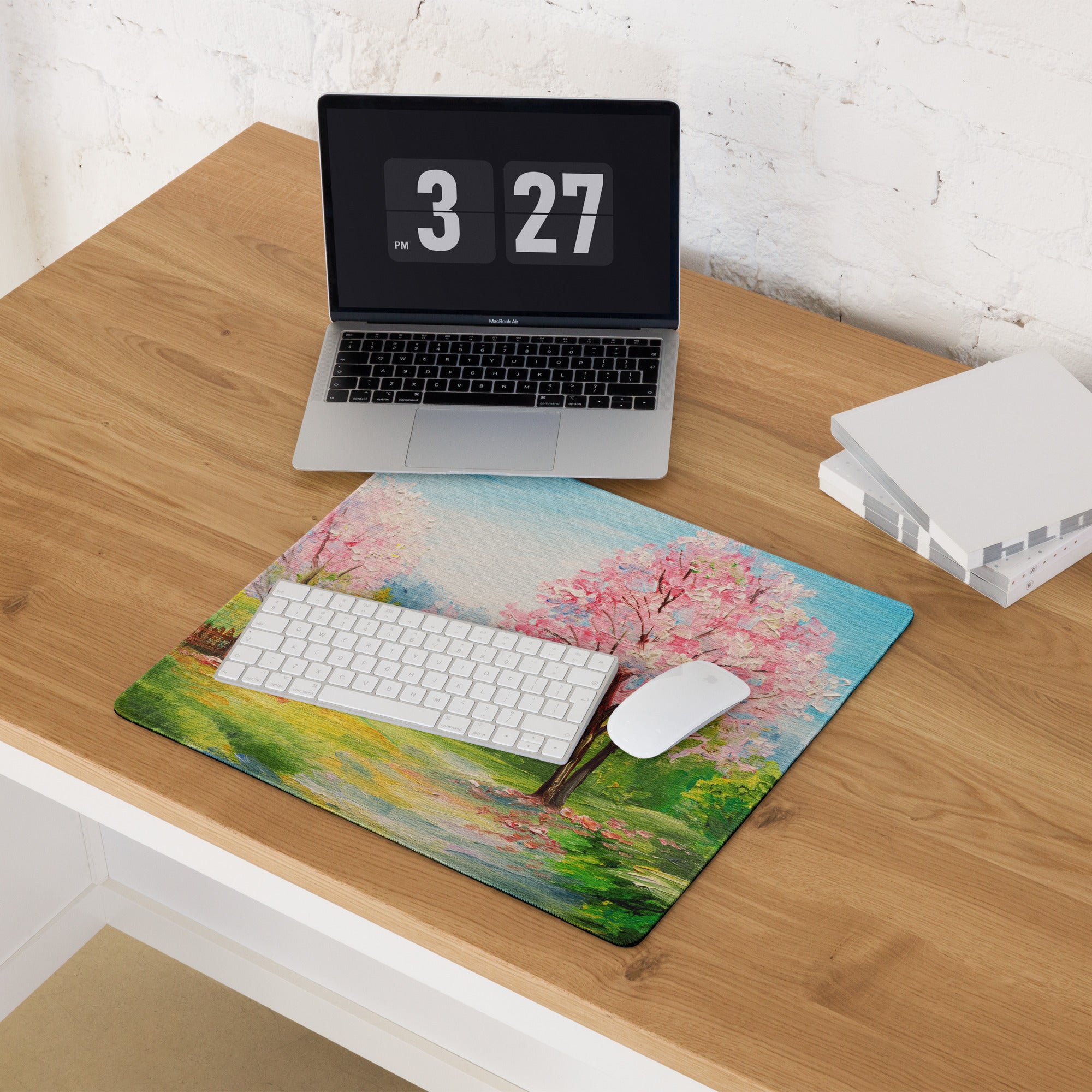 Cherry Blossom Landscape Mouse Pad - Mouse Pad Pink Blue Green Desk Impressionist Calm Mood Pastel Decor Soft Oil