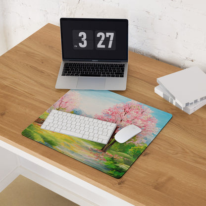 Cherry Blossom Landscape Mouse Pad - Mouse Pad Pink Blue Green Desk Impressionist Calm Mood Pastel Decor Soft Oil