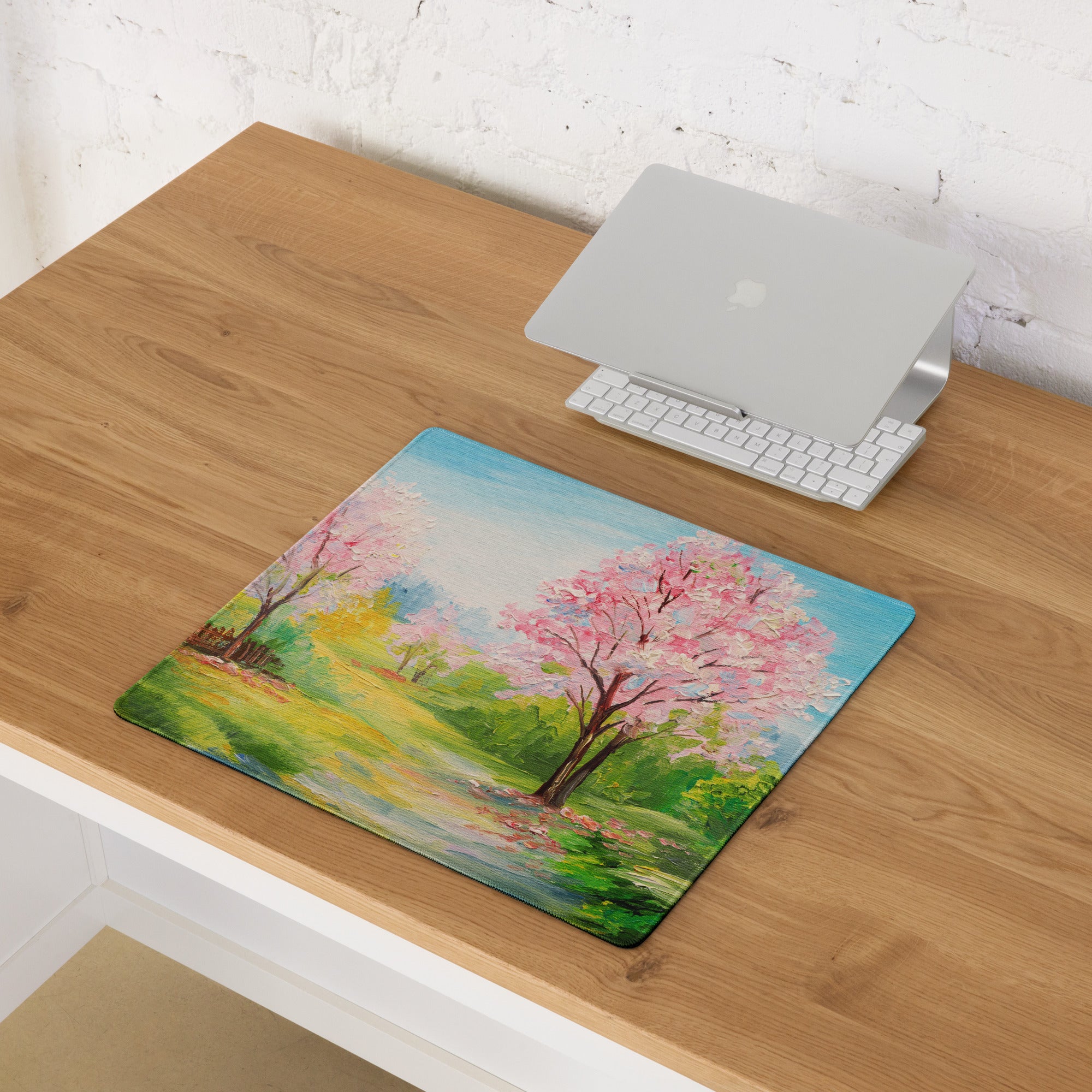 Cherry Blossom Landscape Mouse Pad - Mouse Pad Pink Blue Green Desk Impressionist Calm Mood Pastel Decor Soft Oil