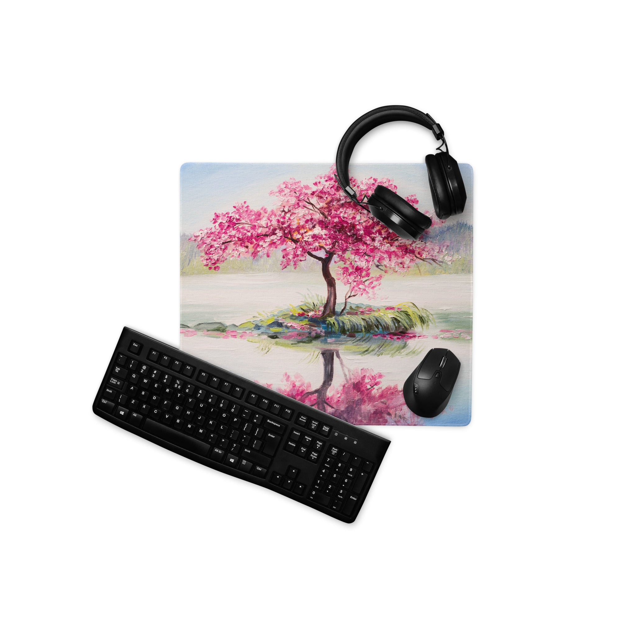 Blossom Park Gaming Mouse Pad - Cherry Blossom Pink Blue Desk Impressionist Serene Mood Modern Desk Decor Oil Painting