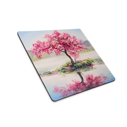 Blossom Park Gaming Mouse Pad - Cherry Blossom Pink Blue Desk Impressionist Serene Mood Modern Desk Decor Oil Painting