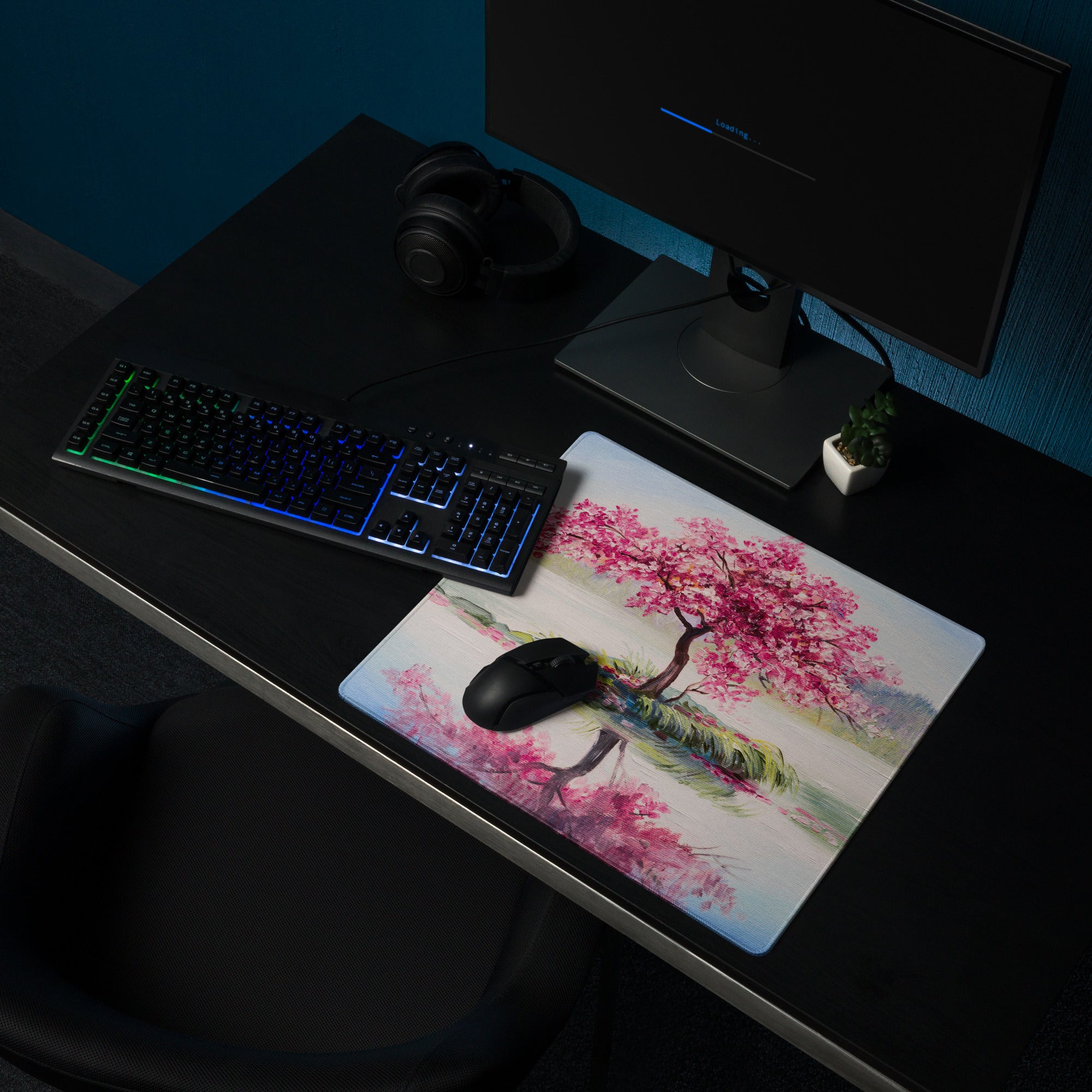 Blossom Park Gaming Mouse Pad - Cherry Blossom Pink Blue Desk Impressionist Serene Mood Modern Desk Decor Oil Painting