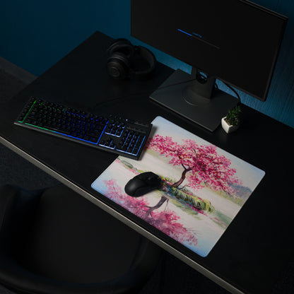 Blossom Park Gaming Mouse Pad - Cherry Blossom Pink Blue Desk Impressionist Serene Mood Modern Desk Decor Oil Painting
