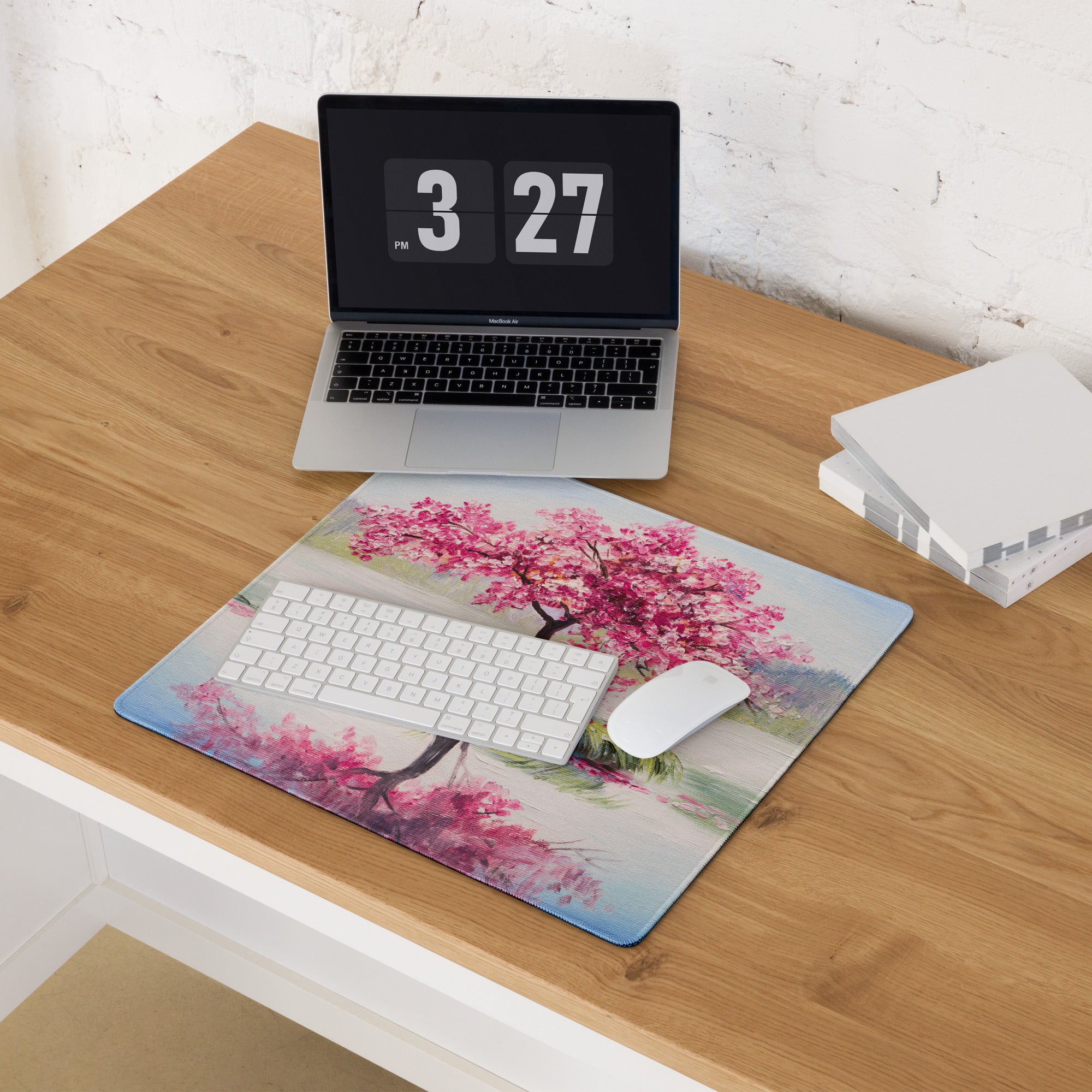 Blossom Park Gaming Mouse Pad - Cherry Blossom Pink Blue Desk Impressionist Serene Mood Modern Desk Decor Oil Painting