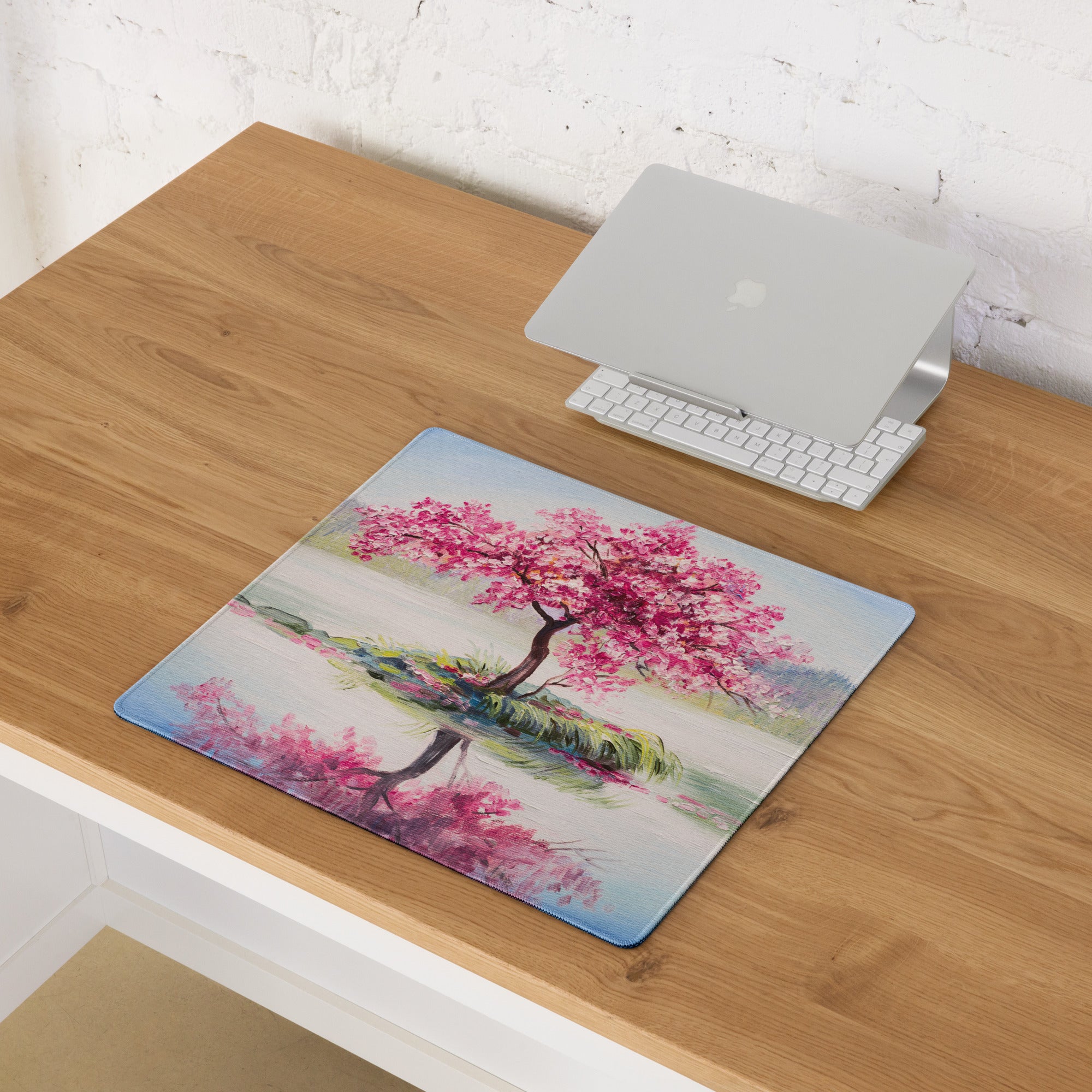 Blossom Park Gaming Mouse Pad - Cherry Blossom Pink Blue Desk Impressionist Serene Mood Modern Desk Decor Oil Painting