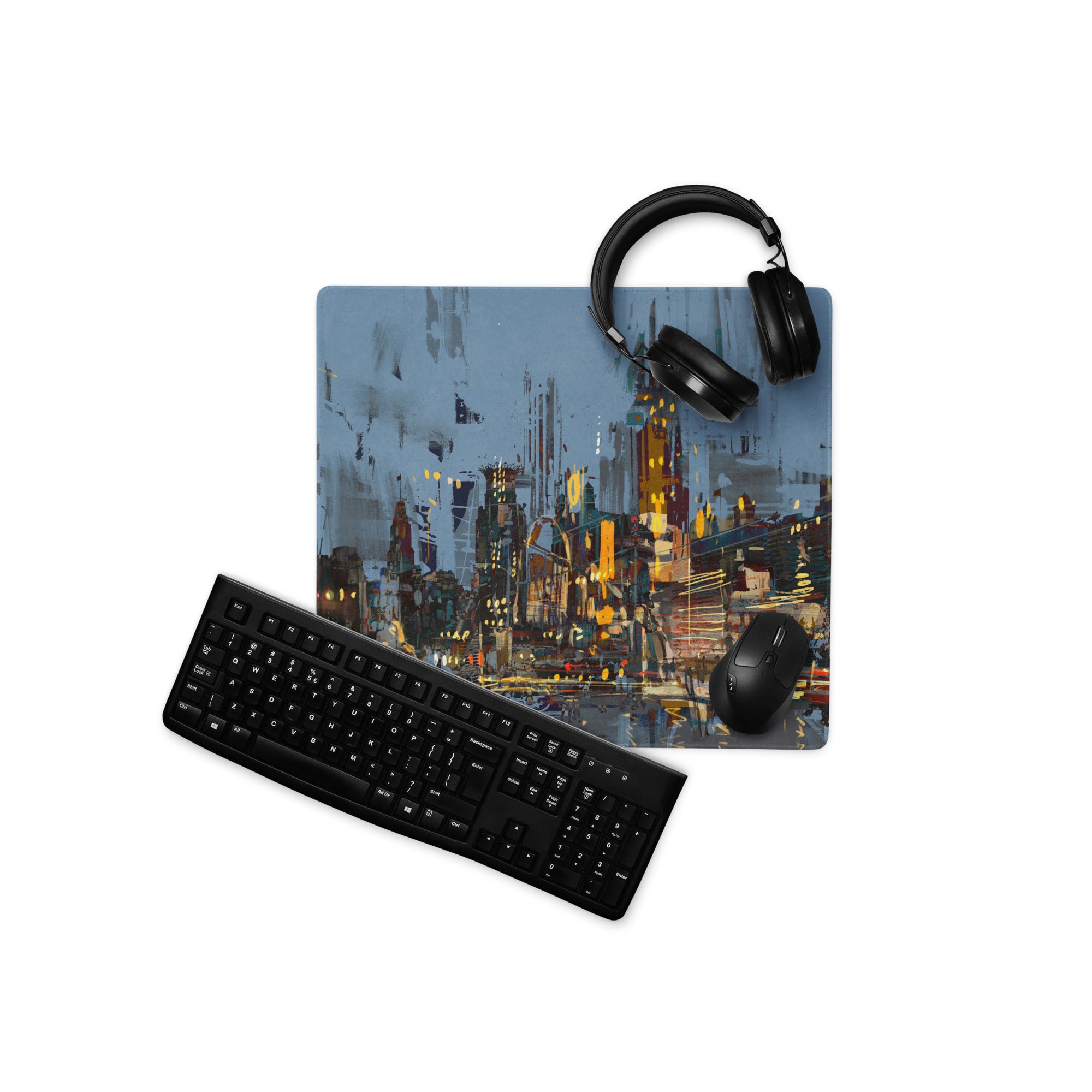 Urban Night Cityscape Gaming Desk Pad - Cityscape Blue Yellow Gaming Desk Abstract Moody Urban Esports Desk Art