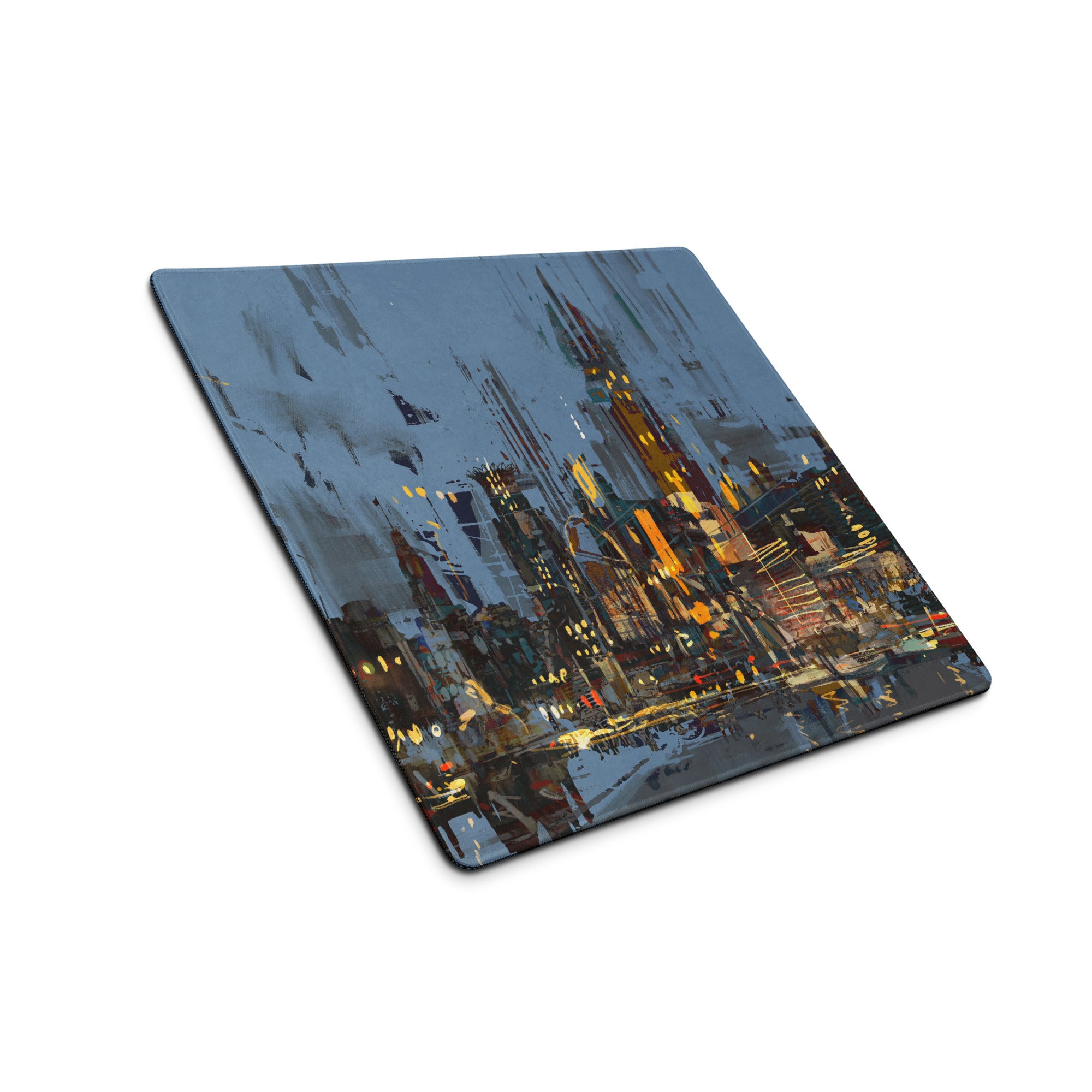 Urban Night Cityscape Gaming Desk Pad - Cityscape Blue Yellow Gaming Desk Abstract Moody Urban Esports Desk Art