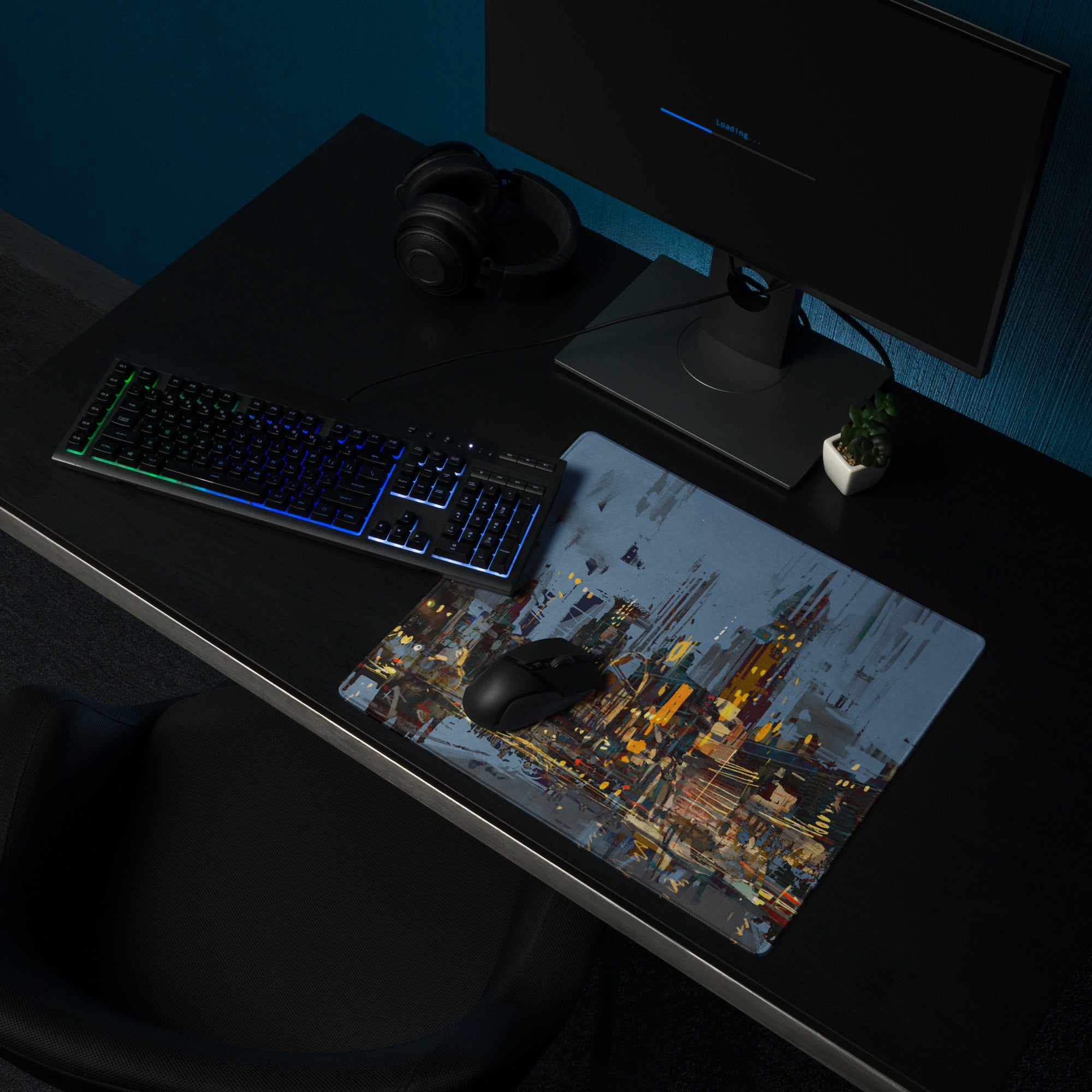 Urban Night Cityscape Gaming Desk Pad - Cityscape Blue Yellow Gaming Desk Abstract Moody Urban Esports Desk Art