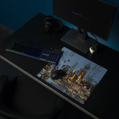 Urban Night Cityscape Gaming Desk Pad - Cityscape Blue Yellow Gaming Desk Abstract Moody Urban Esports Desk Art