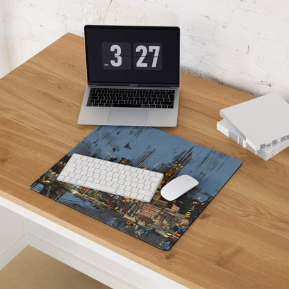 Urban Night Cityscape Gaming Desk Pad - Cityscape Blue Yellow Gaming Desk Abstract Moody Urban Esports Desk Art