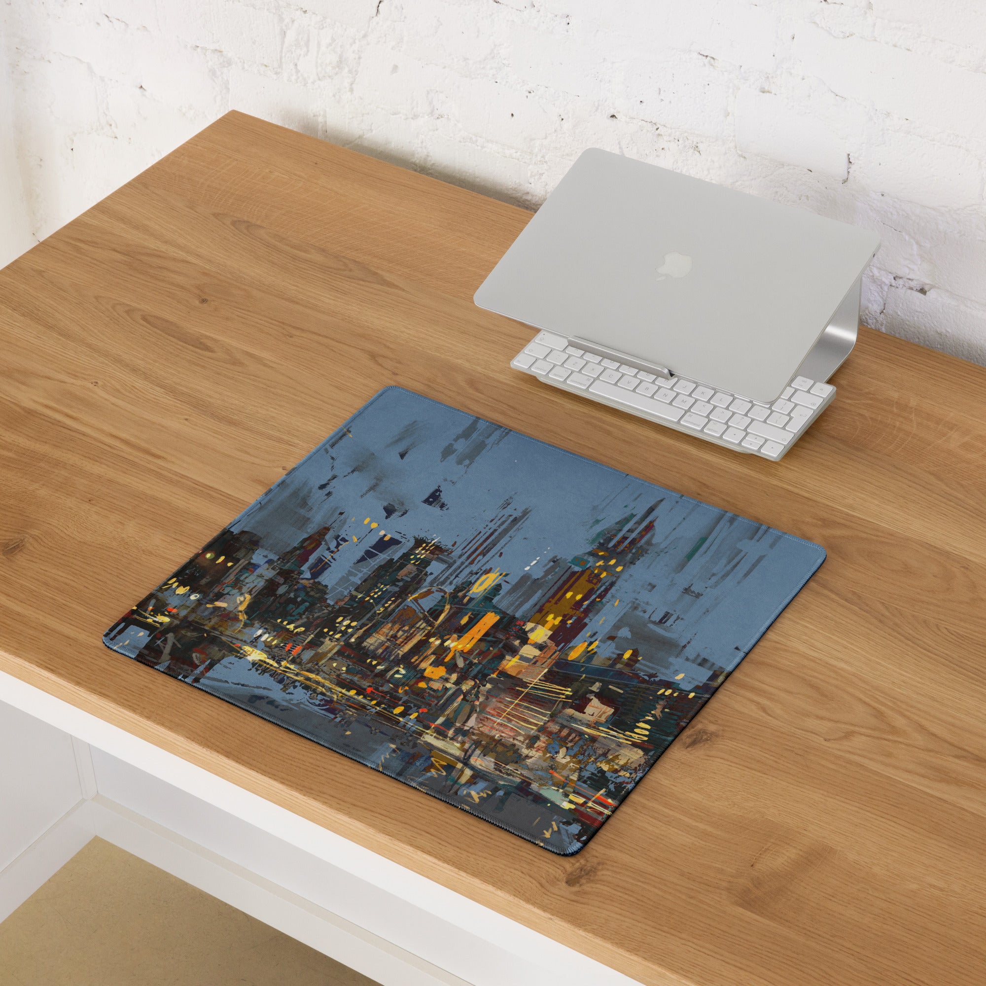 Urban Night Cityscape Gaming Desk Pad - Cityscape Blue Yellow Gaming Desk Abstract Moody Urban Esports Desk Art