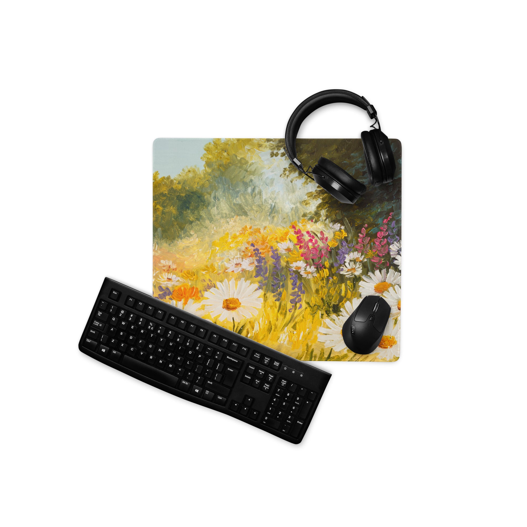 Daisy Field Impressionist Mouse Pad - Daisies Yellow White Green Home Office Impressionist Bright Desk Mat Oil Painting