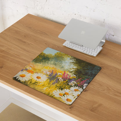 Daisy Field Impressionist Mouse Pad - Daisies Yellow White Green Home Office Impressionist Bright Desk Mat Oil Painting