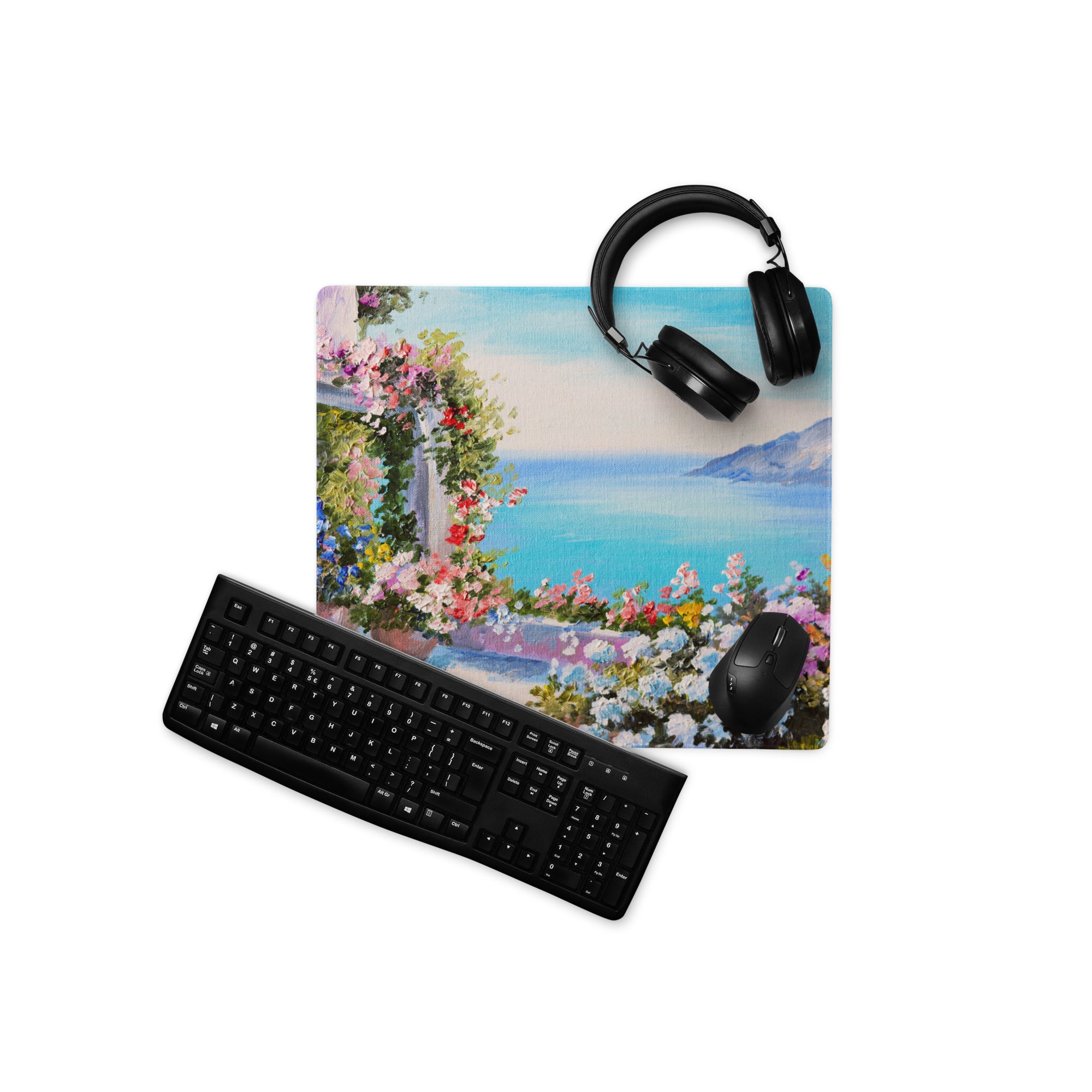 Vibrant Floral Coastal Canvas Mouse Pad - Floral Coastal Blues Pink Greens Desk Modern Cheerful Coastal Gaming Oil