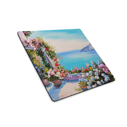 Vibrant Floral Coastal Canvas Mouse Pad - Floral Coastal Blues Pink Greens Desk Modern Cheerful Coastal Gaming Oil