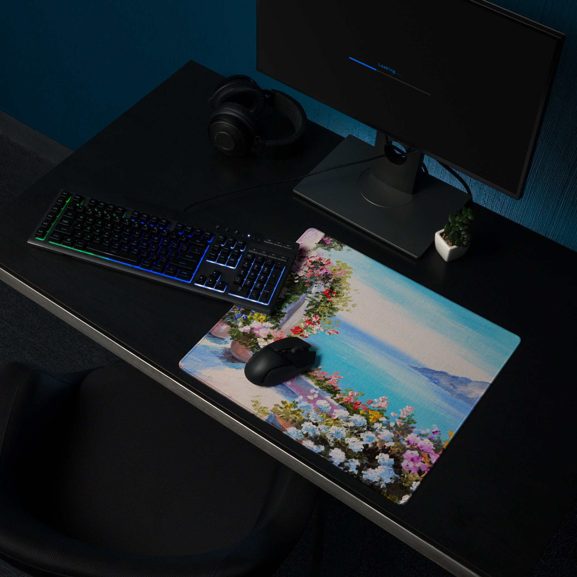 Vibrant Floral Coastal Canvas Mouse Pad - Floral Coastal Blues Pink Greens Desk Modern Cheerful Coastal Gaming Oil