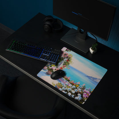 Vibrant Floral Coastal Canvas Mouse Pad - Floral Coastal Blues Pink Greens Desk Modern Cheerful Coastal Gaming Oil