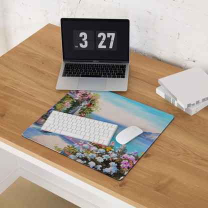 Vibrant Floral Coastal Canvas Mouse Pad - Floral Coastal Blues Pink Greens Desk Modern Cheerful Coastal Gaming Oil