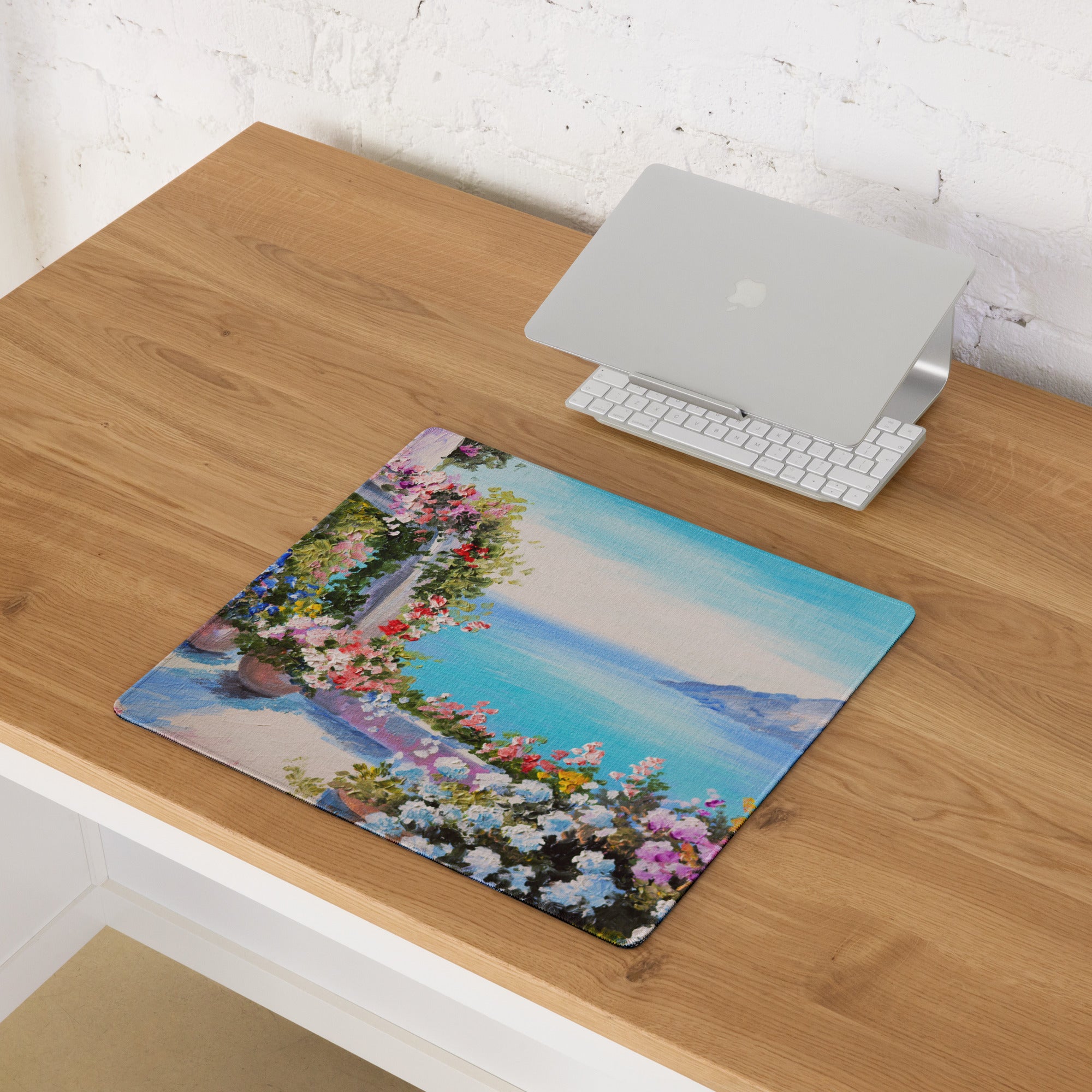 Vibrant Floral Coastal Canvas Mouse Pad - Floral Coastal Blues Pink Greens Desk Modern Cheerful Coastal Gaming Oil