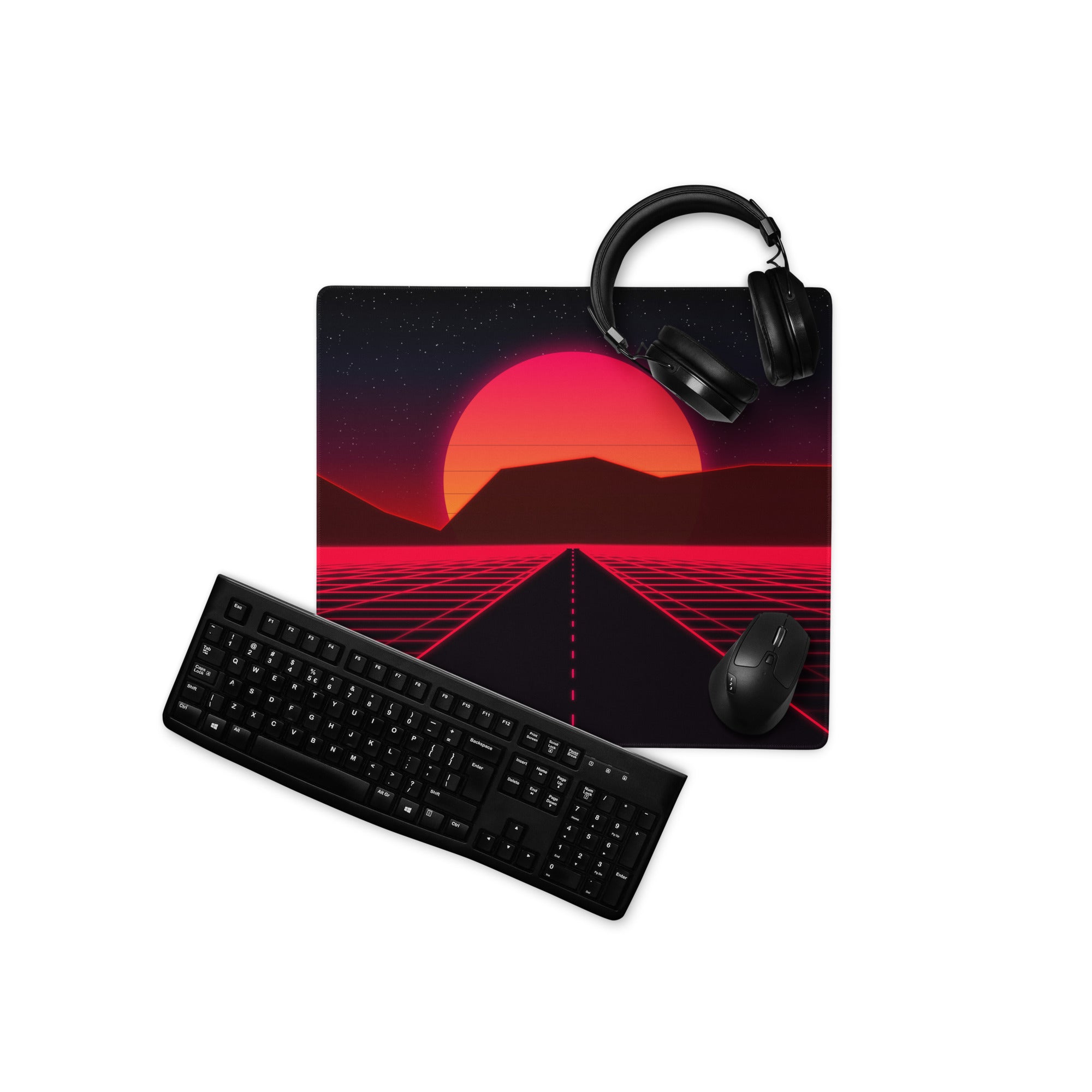Neon Sunset Grid Pro Mouse Pad - Gaming Mouse Pad Red Black Desk Setup Synthwave Energetic Neon Decor Large Digital Art