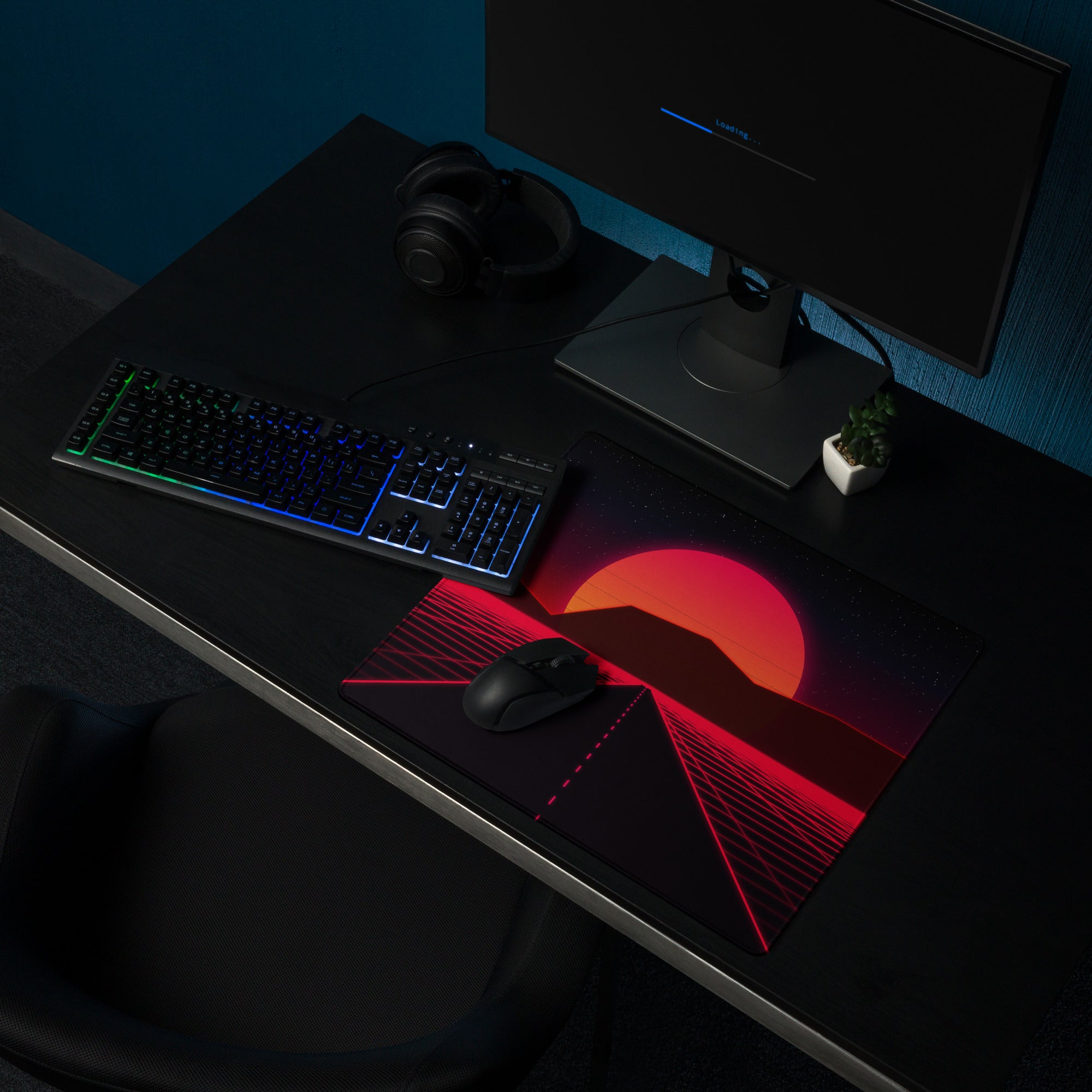 Neon Sunset Grid Pro Mouse Pad - Gaming Mouse Pad Red Black Desk Setup Synthwave Energetic Neon Decor Large Digital Art