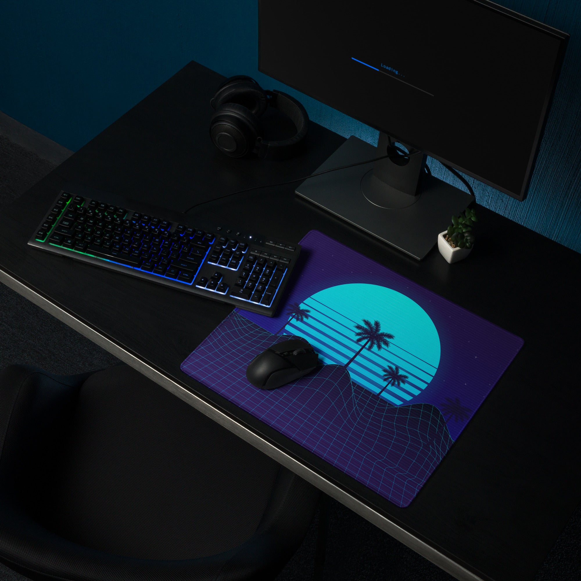 Neon Palm Sunset Mouse Pad - Mouse Pad Neon Blue Desk Synthwave Moody Neon Retro Futurism Large Non Slip Digital Art