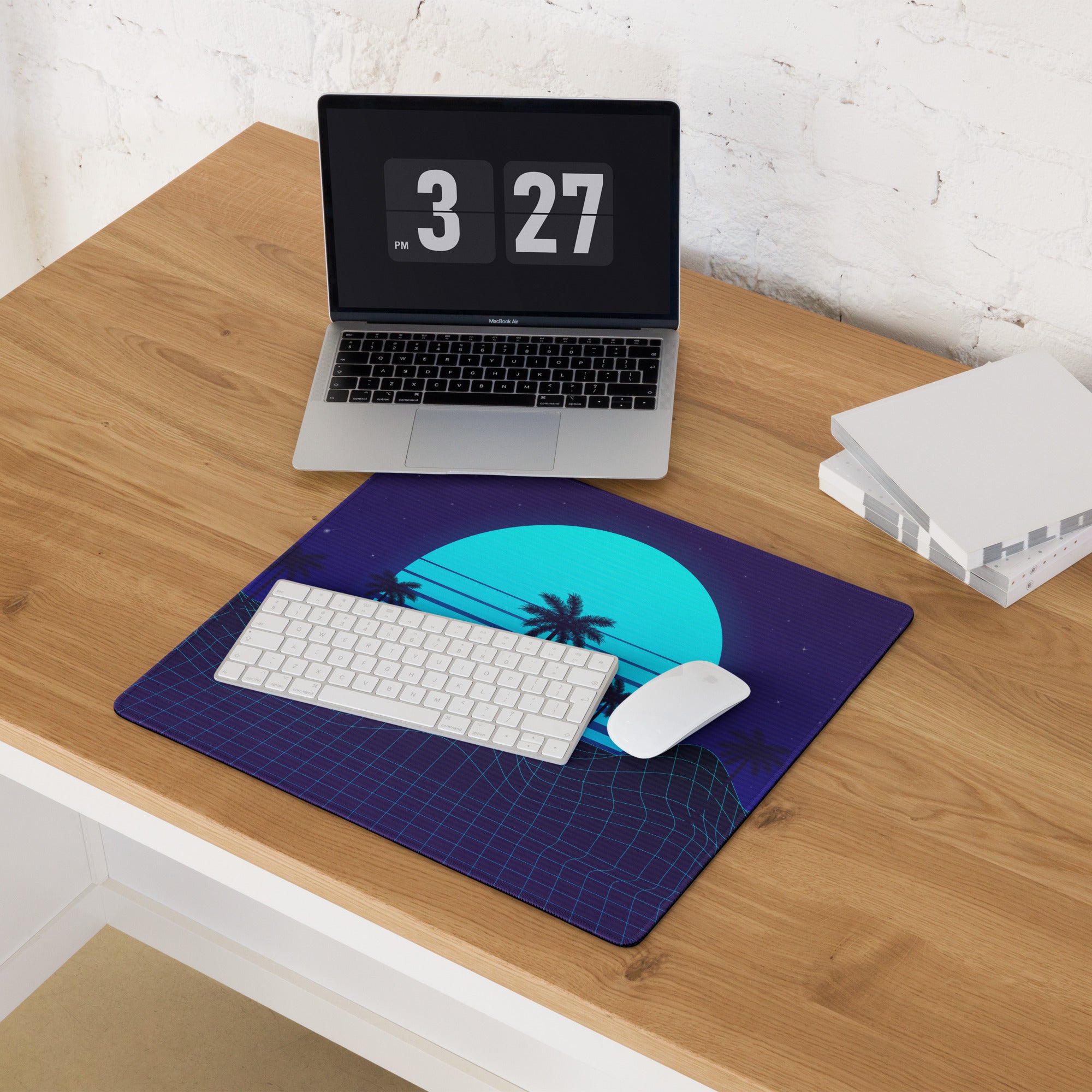 Neon Palm Sunset Mouse Pad - Mouse Pad Neon Blue Desk Synthwave Moody Neon Retro Futurism Large Non Slip Digital Art