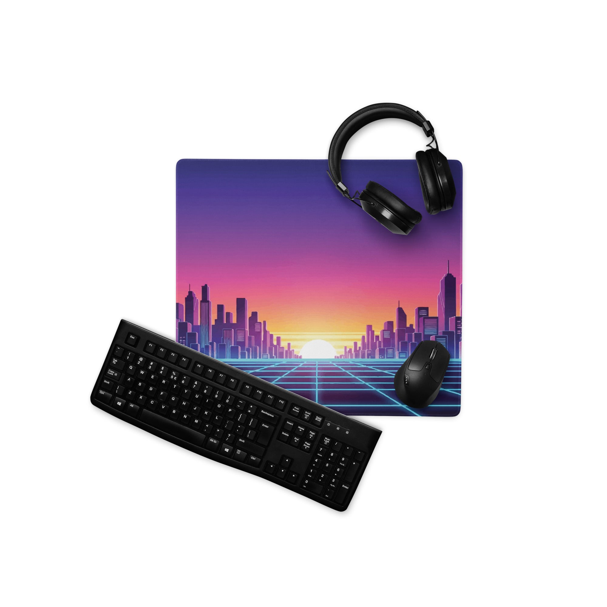 Neon City Skyline Gaming Mouse Pad - Cityscape Purple Pink Gradient Desk Vaporwave Mood Dreamy Futuristic Modern