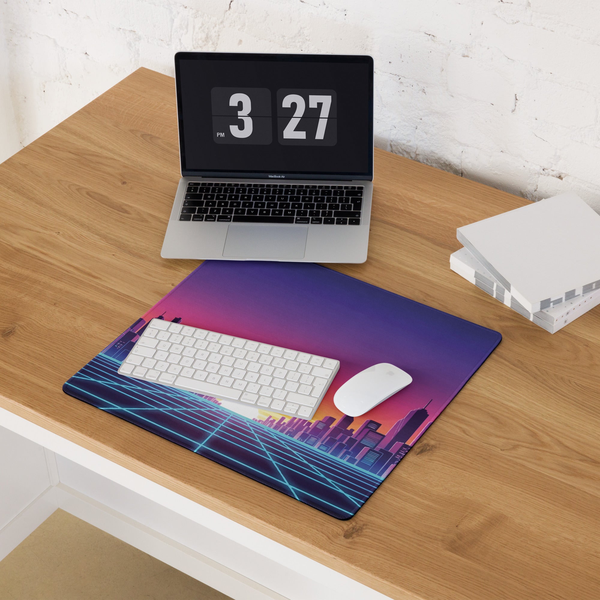 Neon City Skyline Gaming Mouse Pad - Cityscape Purple Pink Gradient Desk Vaporwave Mood Dreamy Futuristic Modern