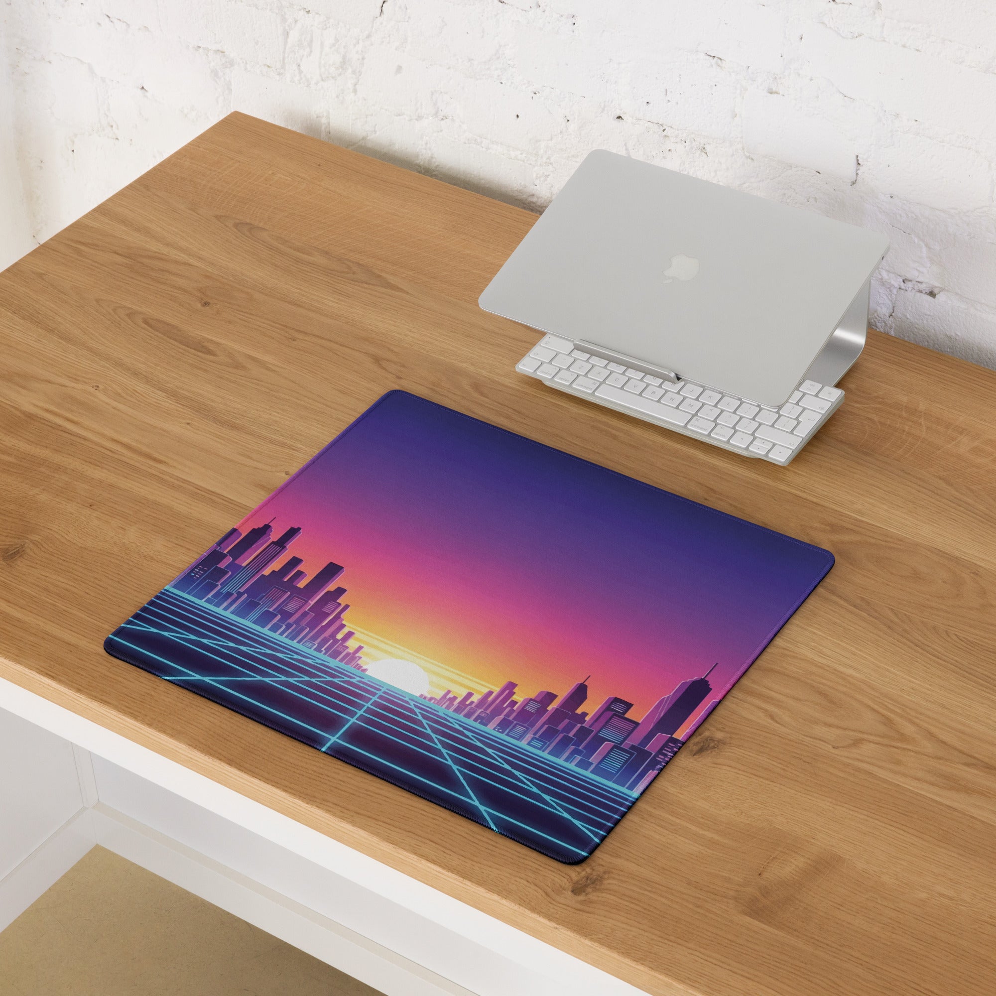 Neon City Skyline Gaming Mouse Pad - Cityscape Purple Pink Gradient Desk Vaporwave Mood Dreamy Futuristic Modern