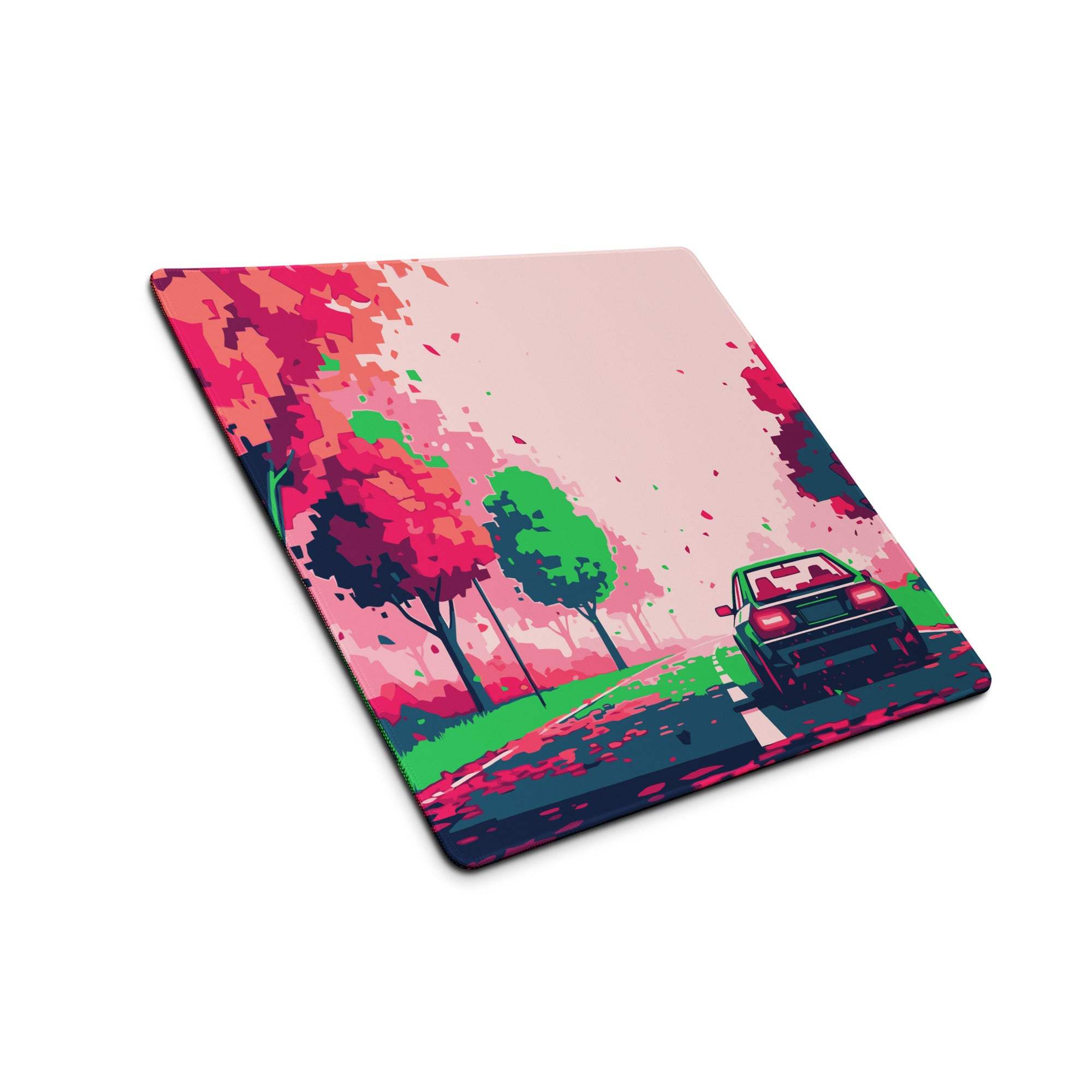 Vivid pink forest gaming mouse pad with vibrant pixel art of retro car driving down a colorful pink red green road