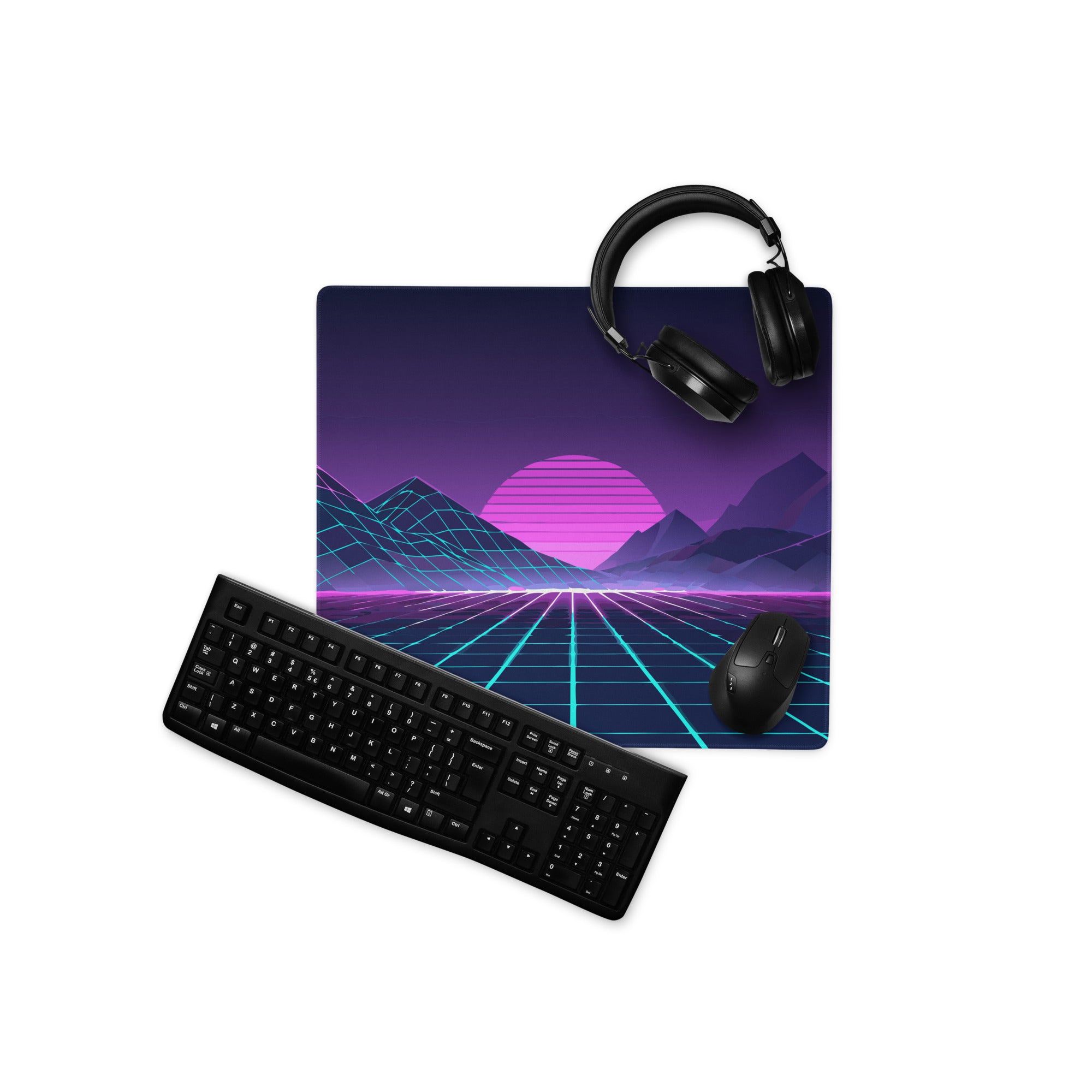 Neon Retro Landscape Gaming Mouse Pad - Landscape Neon Purple Teal Gaming Desk Energetic Vaporwave Cyberpunk Neon Grid