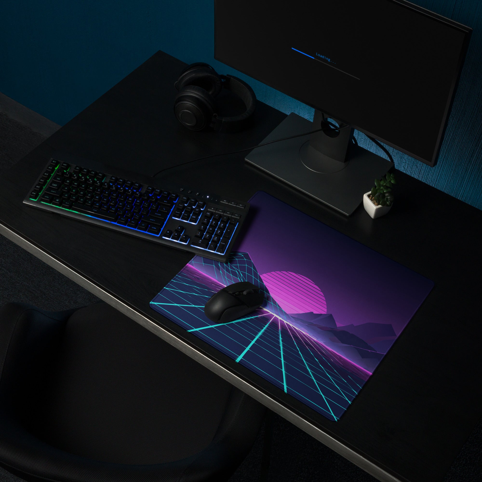 Neon Retro Landscape Gaming Mouse Pad - Landscape Neon Purple Teal Gaming Desk Energetic Vaporwave Cyberpunk Neon Grid