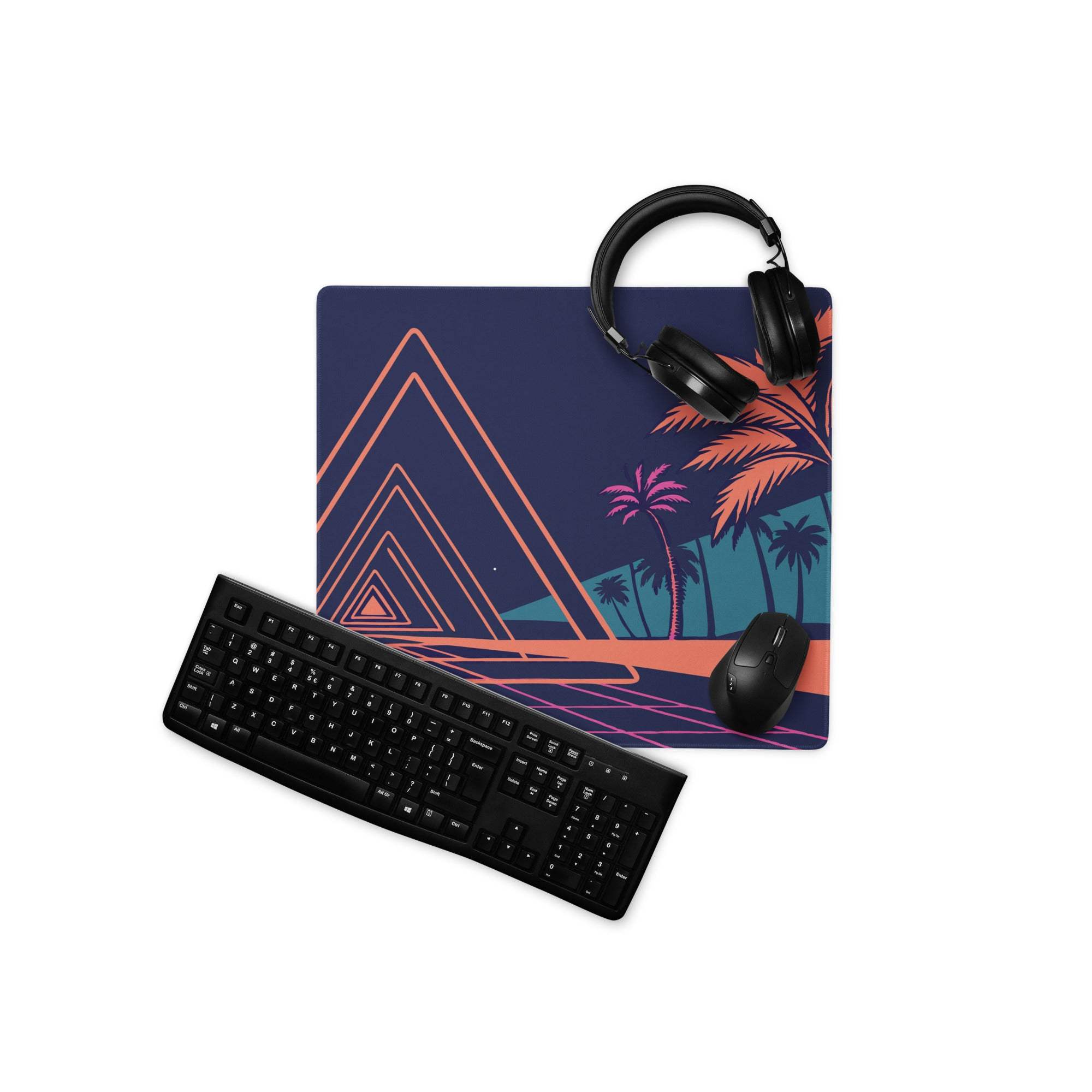 Navy blue rectangular mousepad with retro geometric orange triangles and pink palm trees for gaming desks