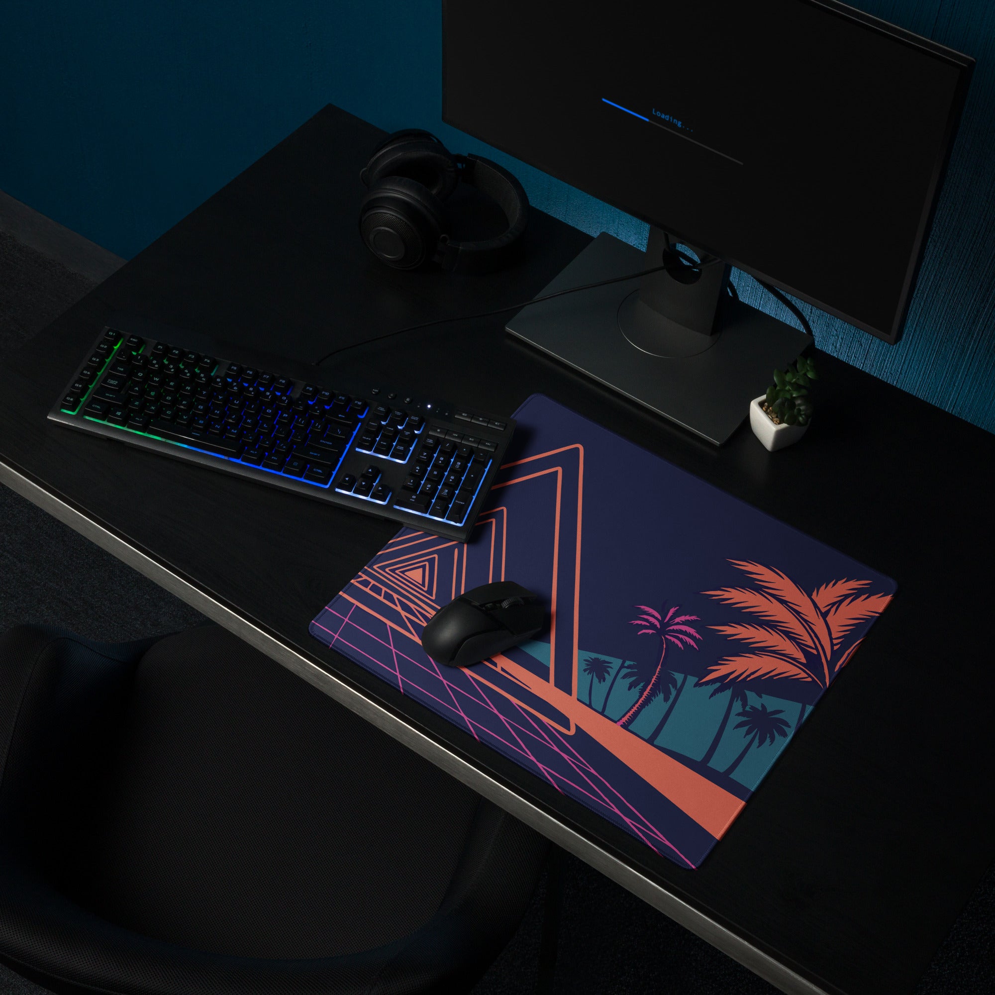Neon Palm Retro Gaming Mouse Pad - Mouse Pad Navy Coral Pink Palm Trees Retro Wave Desk Tropical Synthwave Digital Art