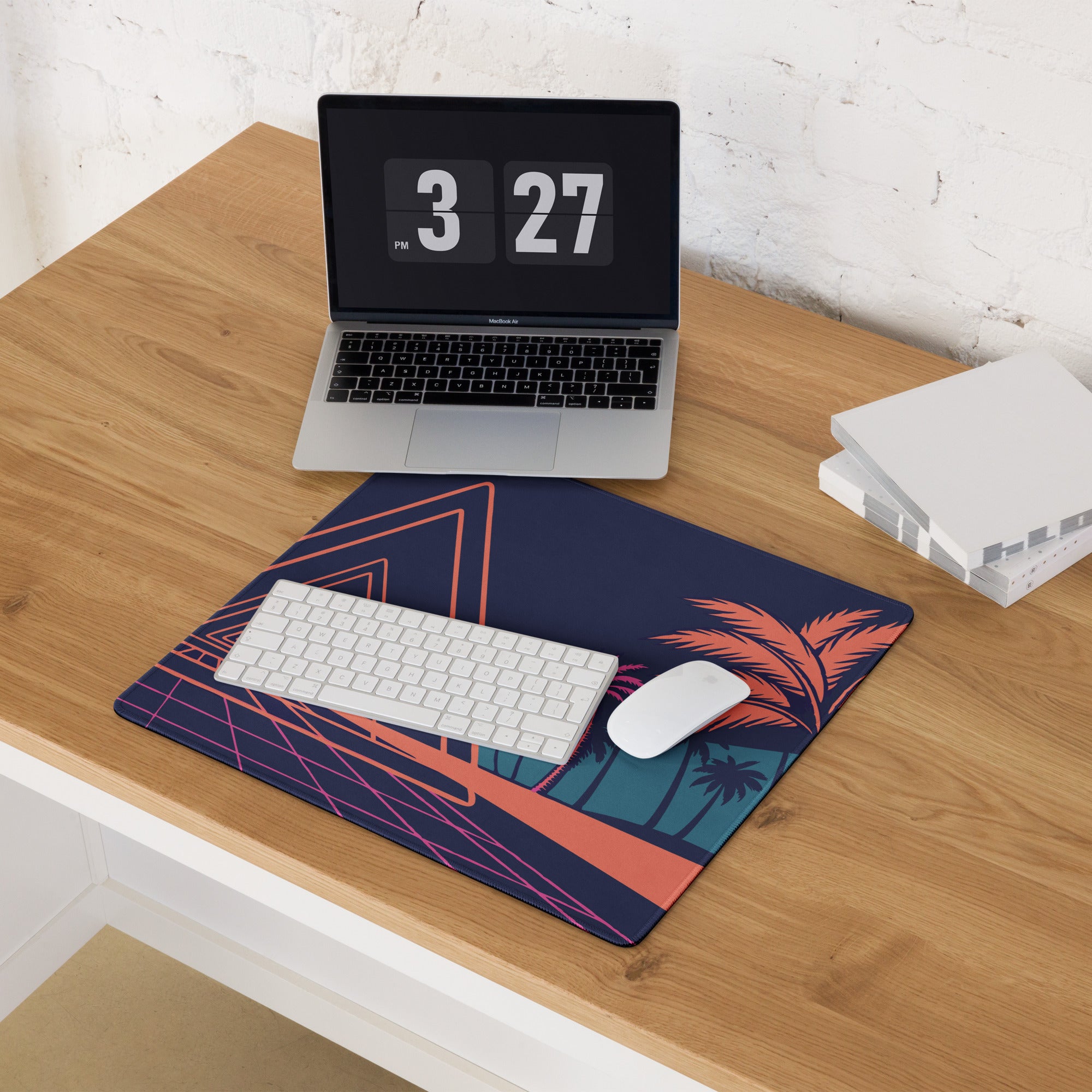 Neon Palm Retro Gaming Mouse Pad - Mouse Pad Navy Coral Pink Palm Trees Retro Wave Desk Tropical Synthwave Digital Art