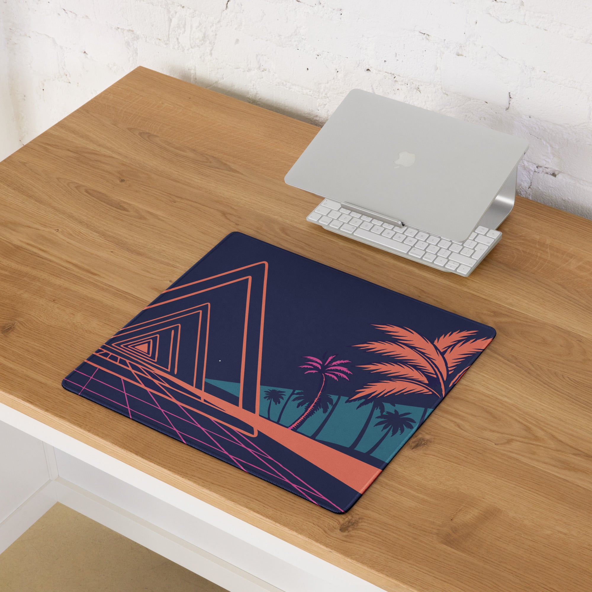 Neon Palm Retro Gaming Mouse Pad - Mouse Pad Navy Coral Pink Palm Trees Retro Wave Desk Tropical Synthwave Digital Art