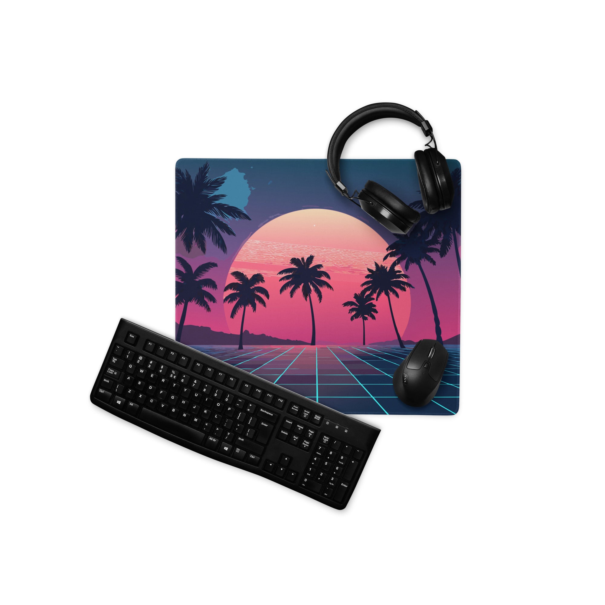 Sunset Palm Retro Neon Desk Mat - Palm Tree Sunset Pink Purple Blue Desk Retro Vibrant Neon Mood Retro Decor