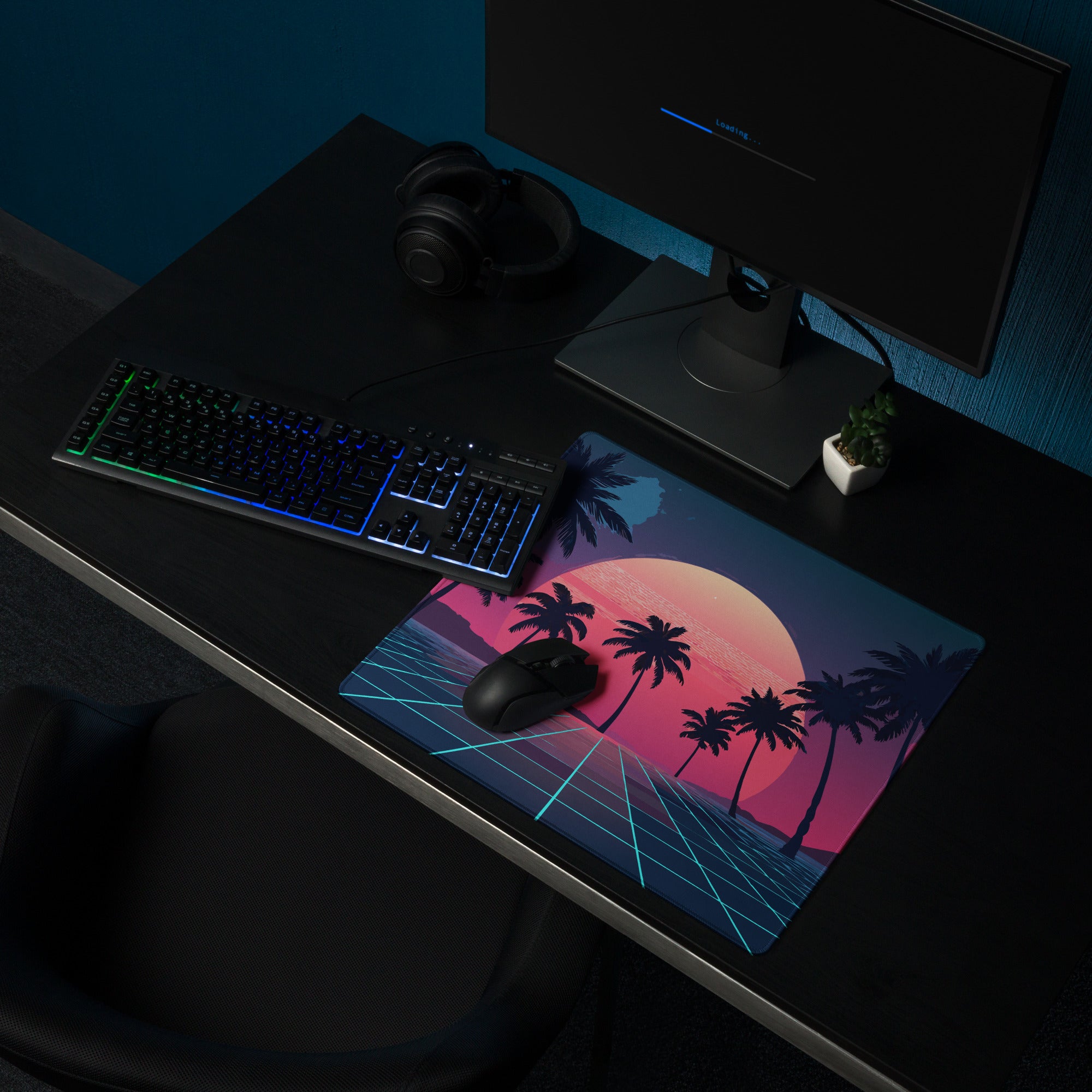 Sunset Palm Retro Neon Desk Mat - Palm Tree Sunset Pink Purple Blue Desk Retro Vibrant Neon Mood Retro Decor