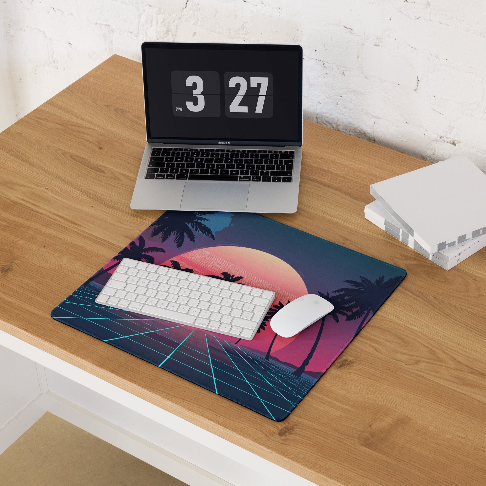 Sunset Palm Retro Neon Desk Mat - Palm Tree Sunset Pink Purple Blue Desk Retro Vibrant Neon Mood Retro Decor