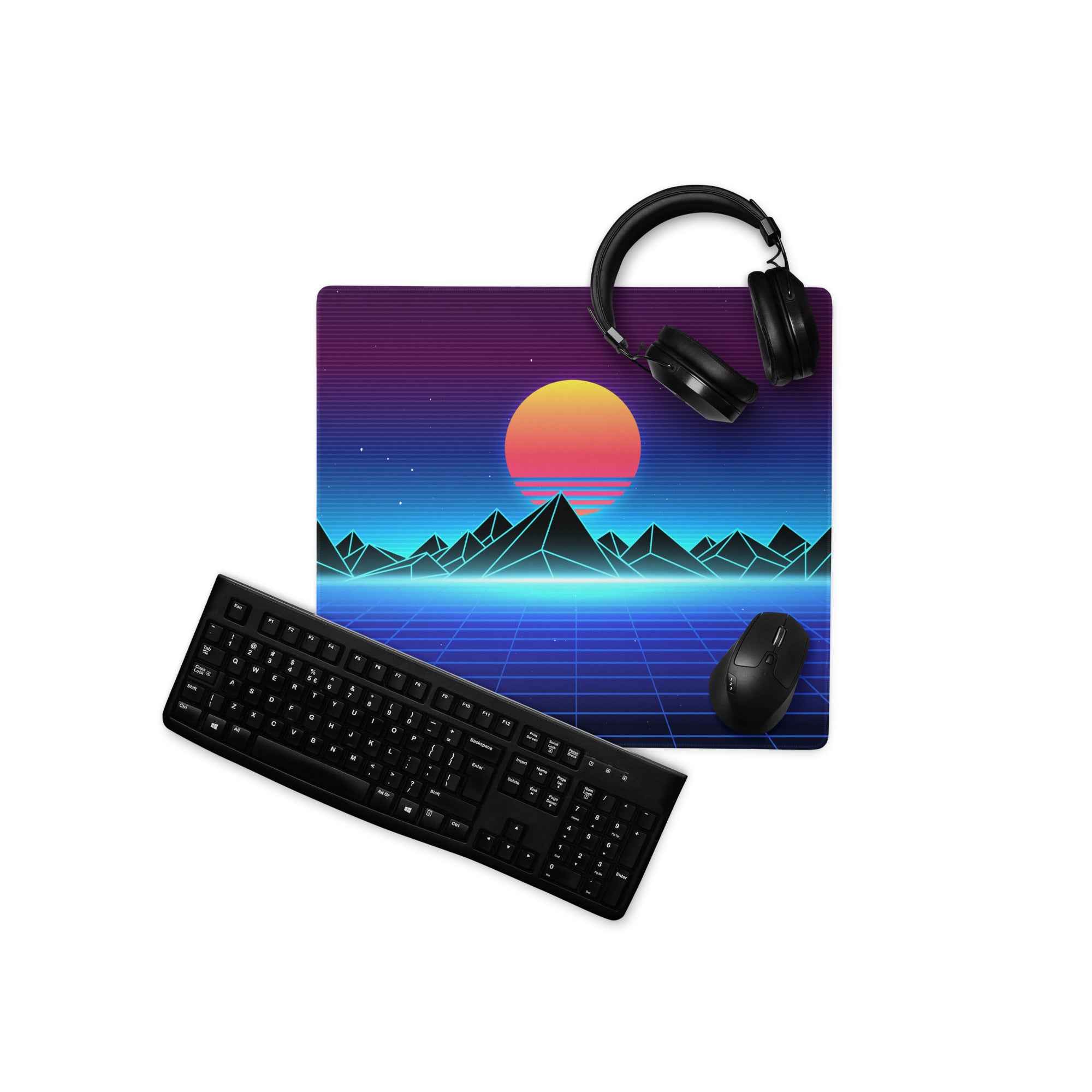Retro Sunset Neon Mountain Pad - Gaming Pad Purple Blue Sunset Desktop Retro Futurism, Energetic Mood Neon Decor Art