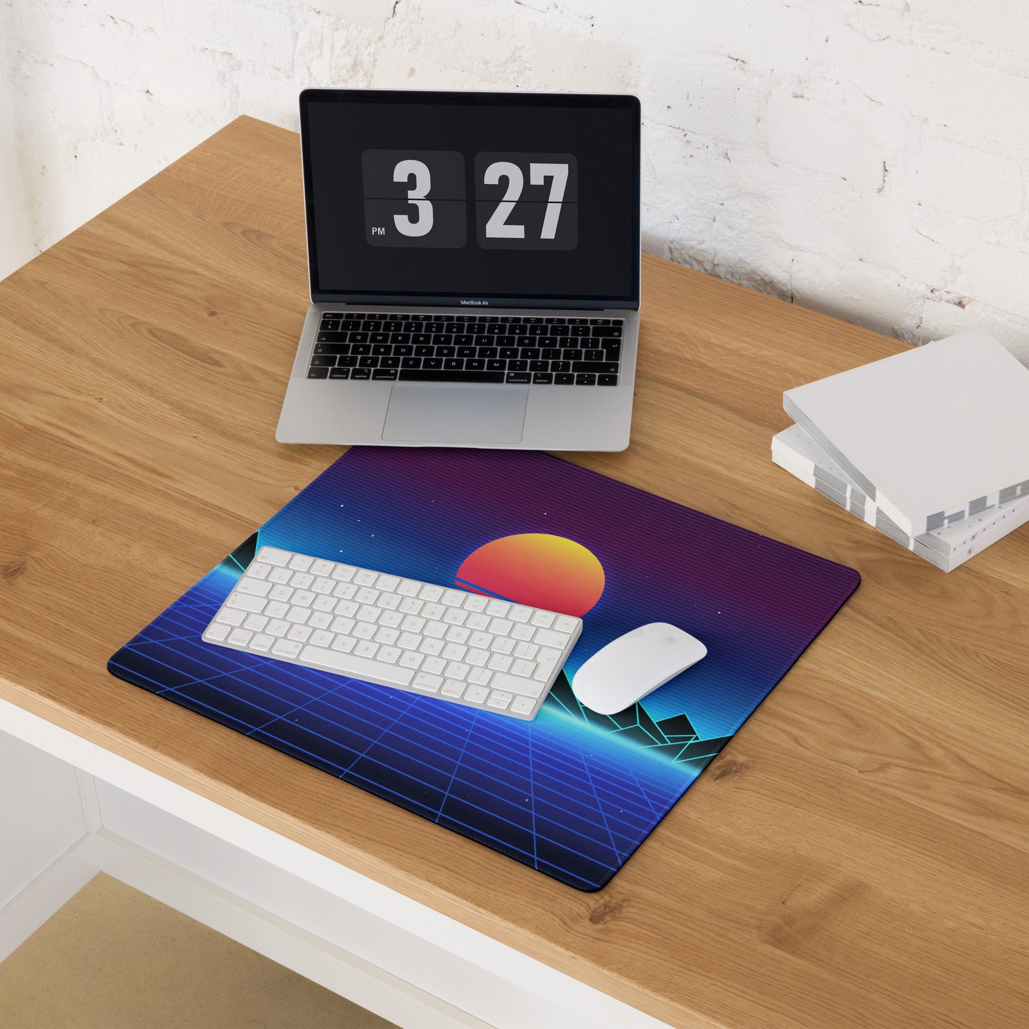 Retro Sunset Neon Mountain Pad - Gaming Pad Purple Blue Sunset Desktop Retro Futurism, Energetic Mood Neon Decor Art