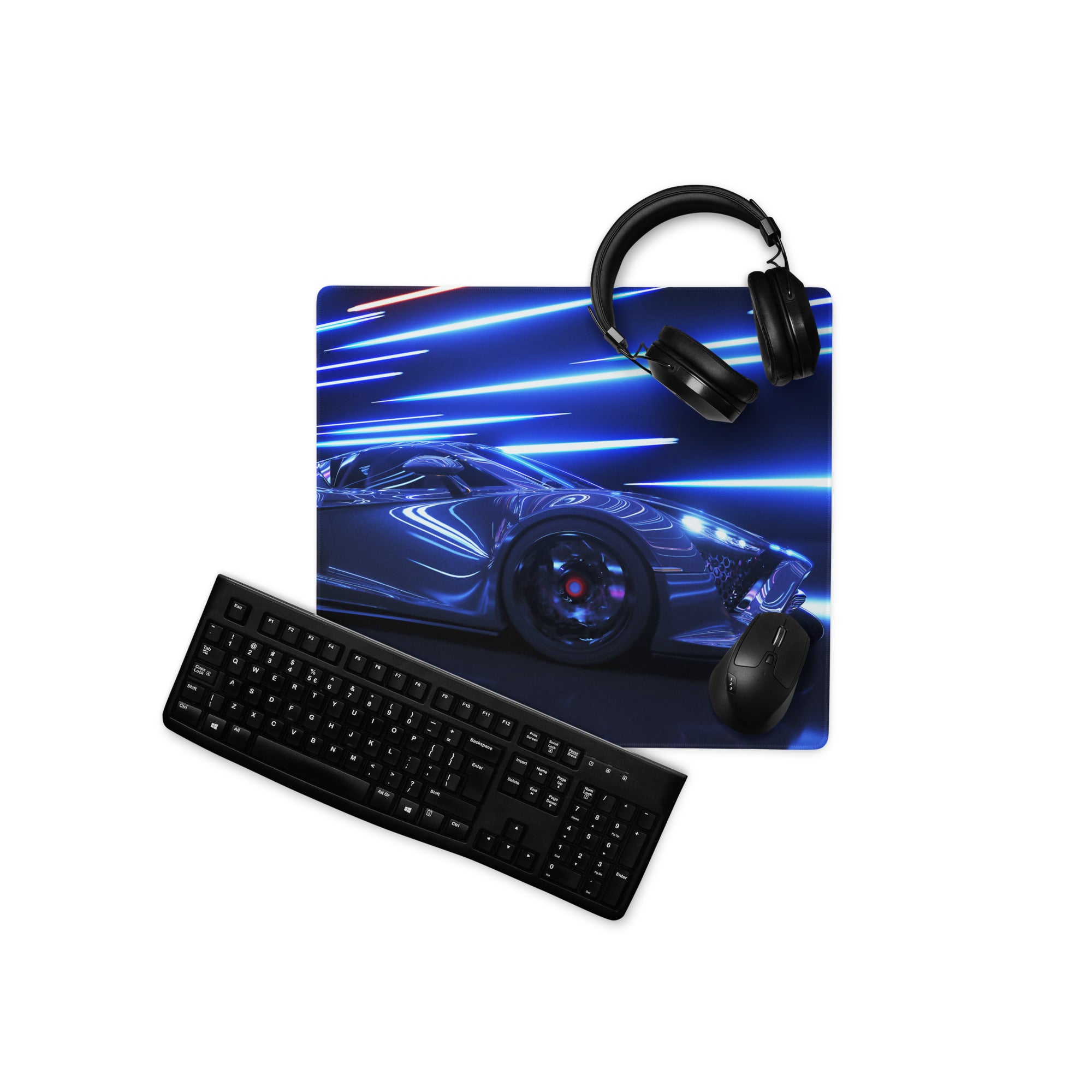 Neon Velocity Car Theme Mouse Pad - Car Blue Neon Gaming Desk - Energetic Cyberpunk Modern Non Slip Digital