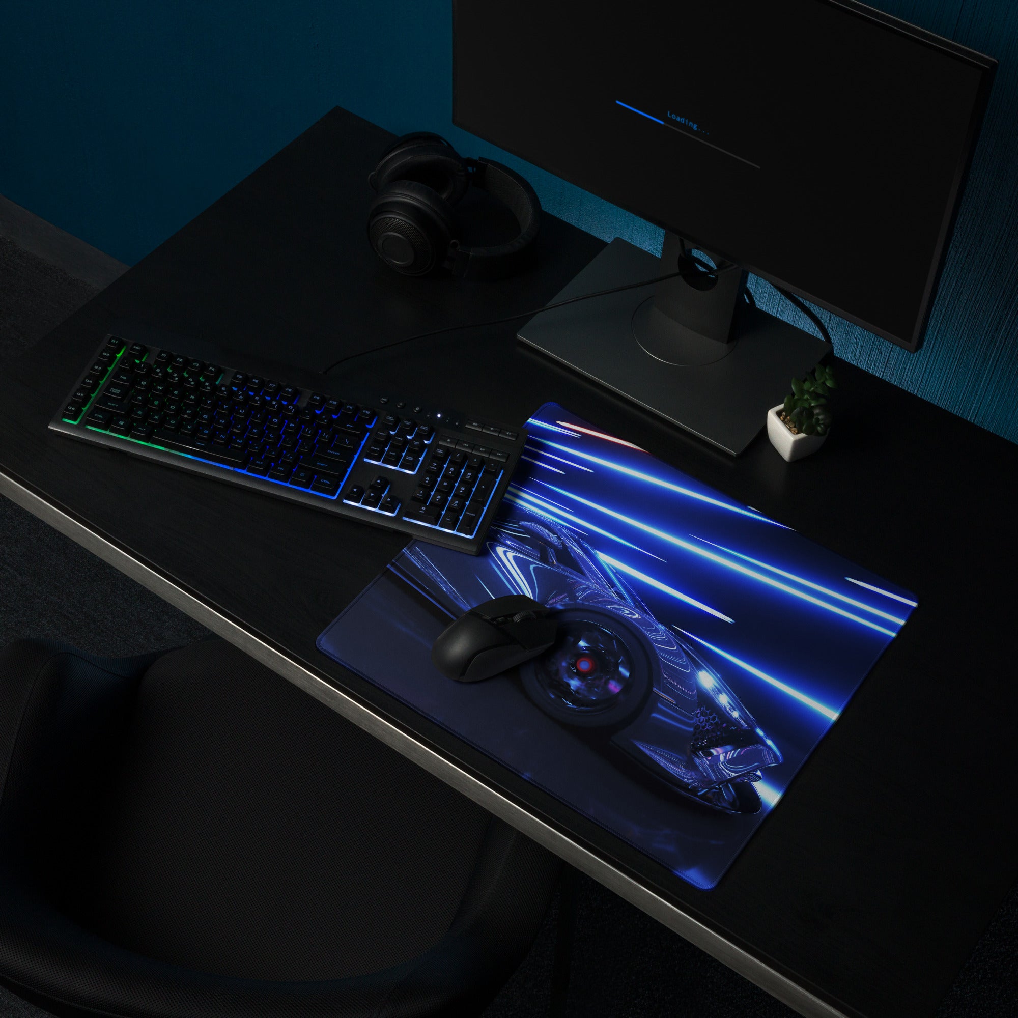 Neon Velocity Car Theme Mouse Pad - Car Blue Neon Gaming Desk - Energetic Cyberpunk Modern Non Slip Digital