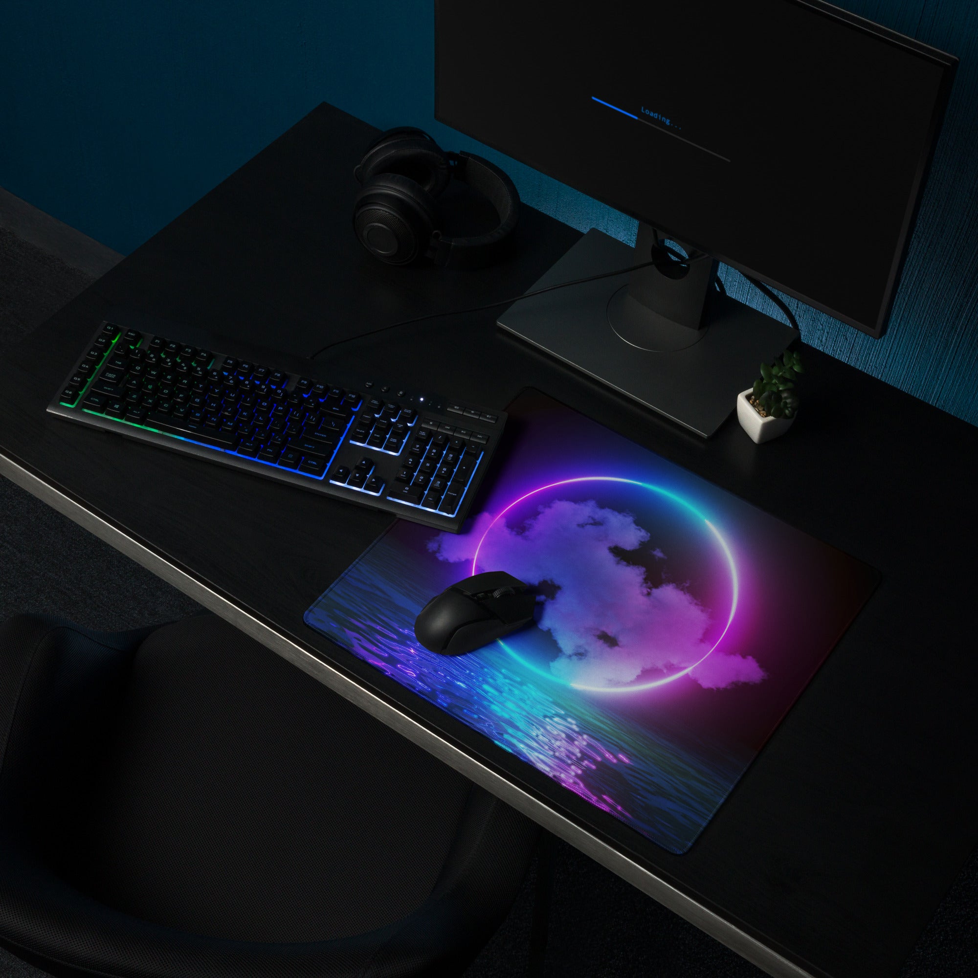 Neon Ring Nightscape Gaming Pad - Gaming Mouse Pad Purple Blue Neon Futuristic Non Slip Edge Mood Cyberpunk RGB