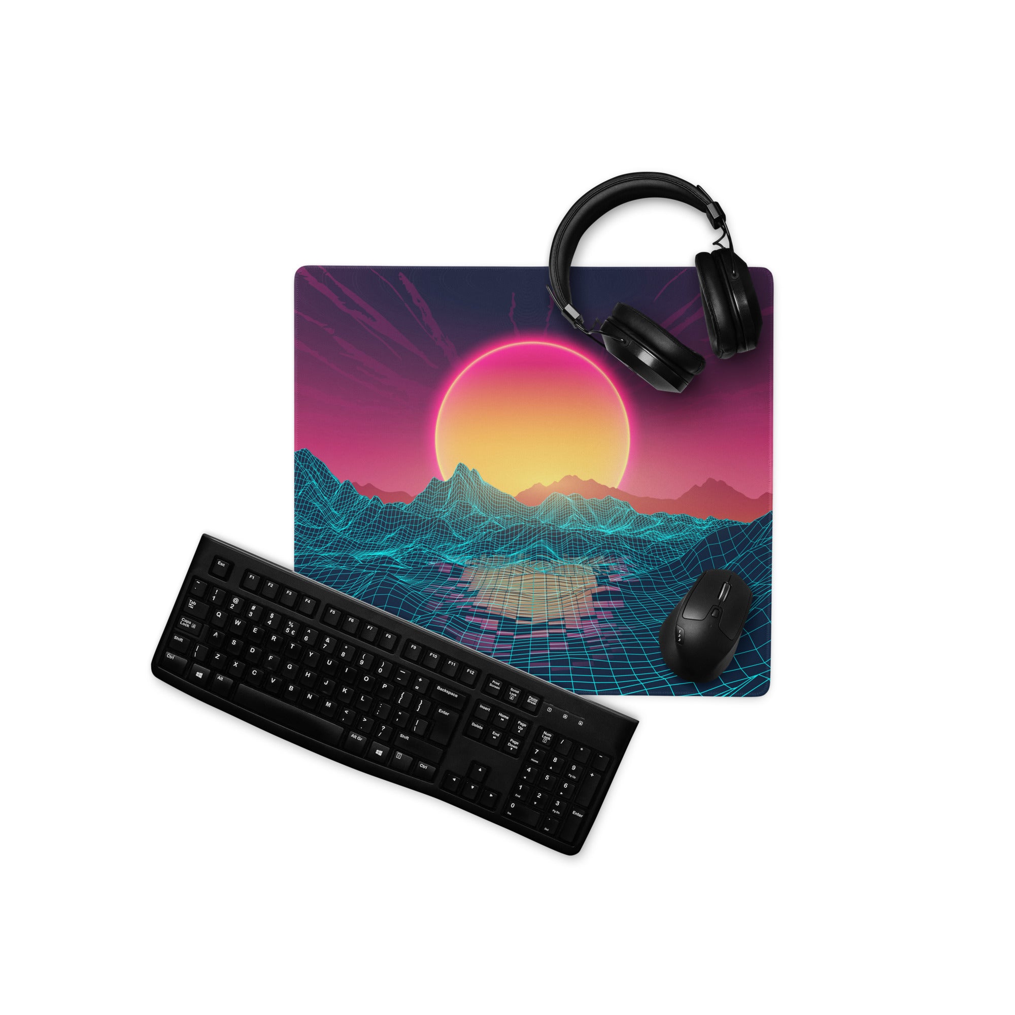 Neon Sunset Landscape Desk Pad - Neon Sunset Landscape Purple Pink Desk Vaporwave Modern Tech Decor Esports Digital Art